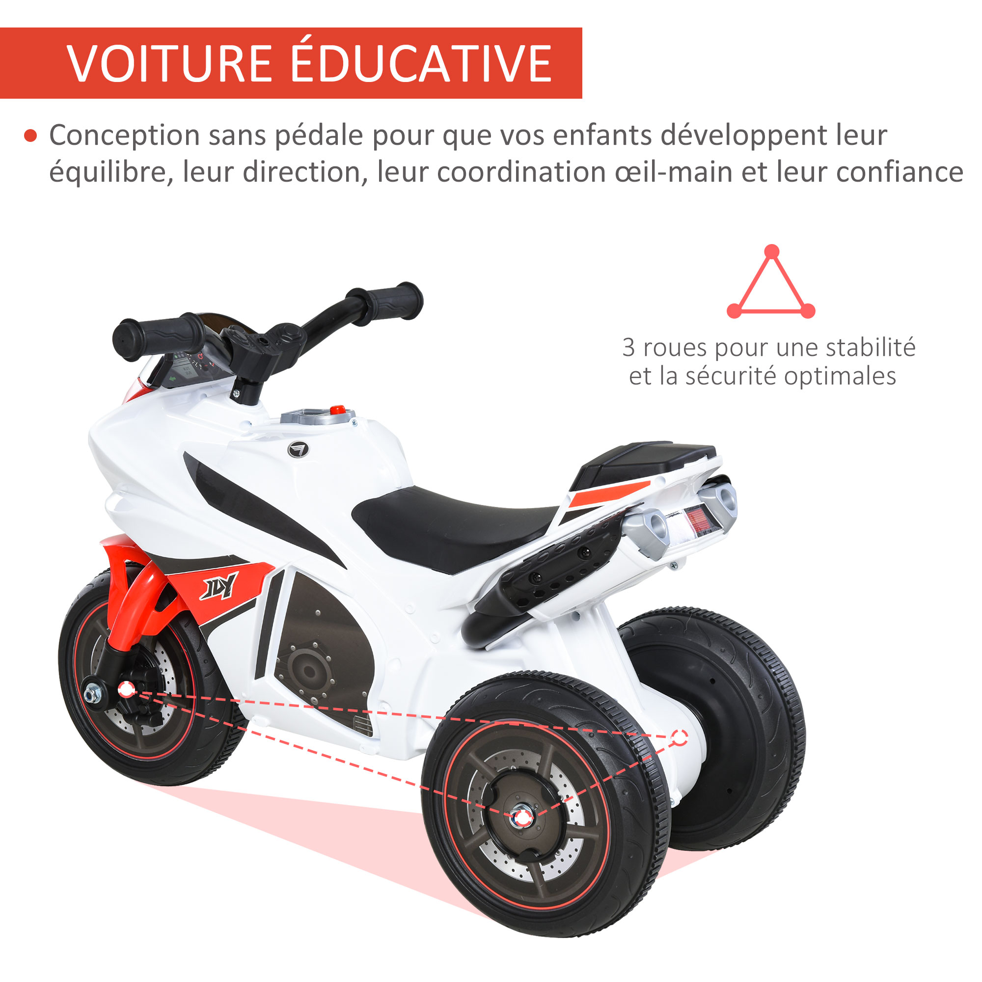 Porteur enfants moto de course effets musicaux et lumineux coffre rangement rouge blanc