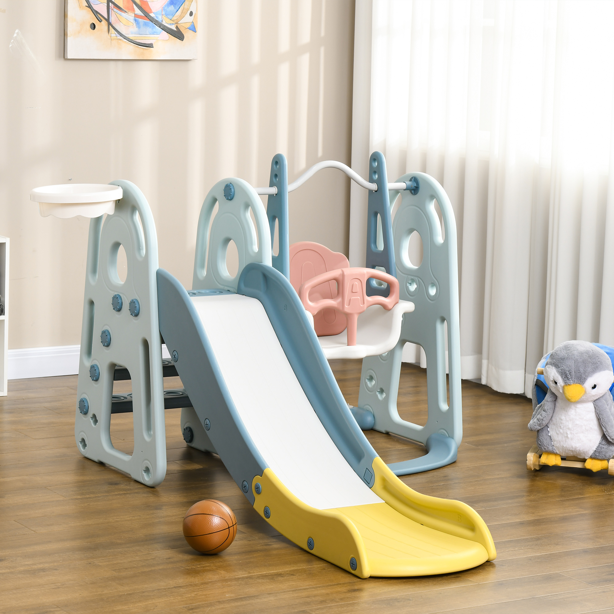 Portique enfant toboggan et balançoire avec panier de basket-ball