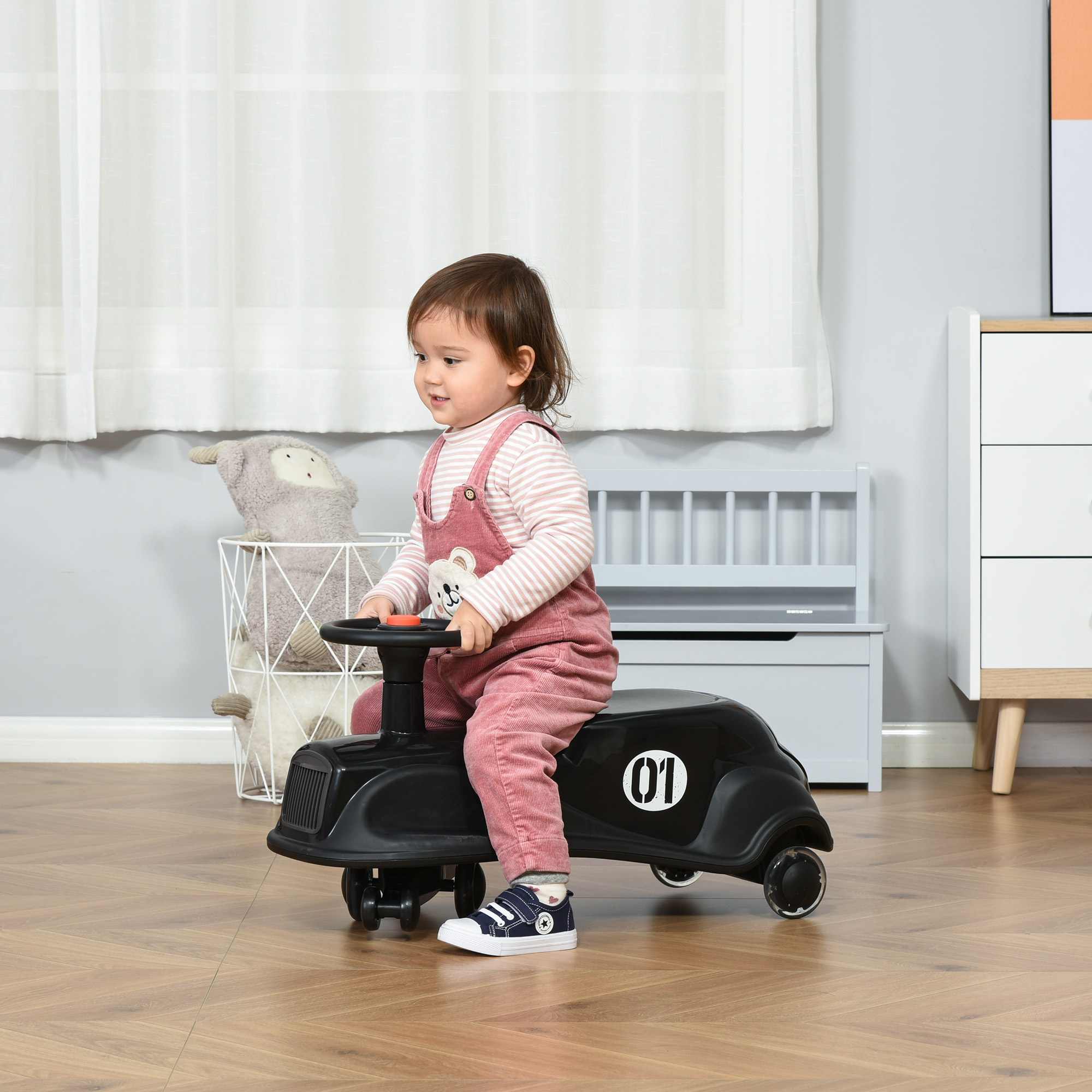 Porteur enfant voiture rétro avec klaxon et coffre métal PP noir