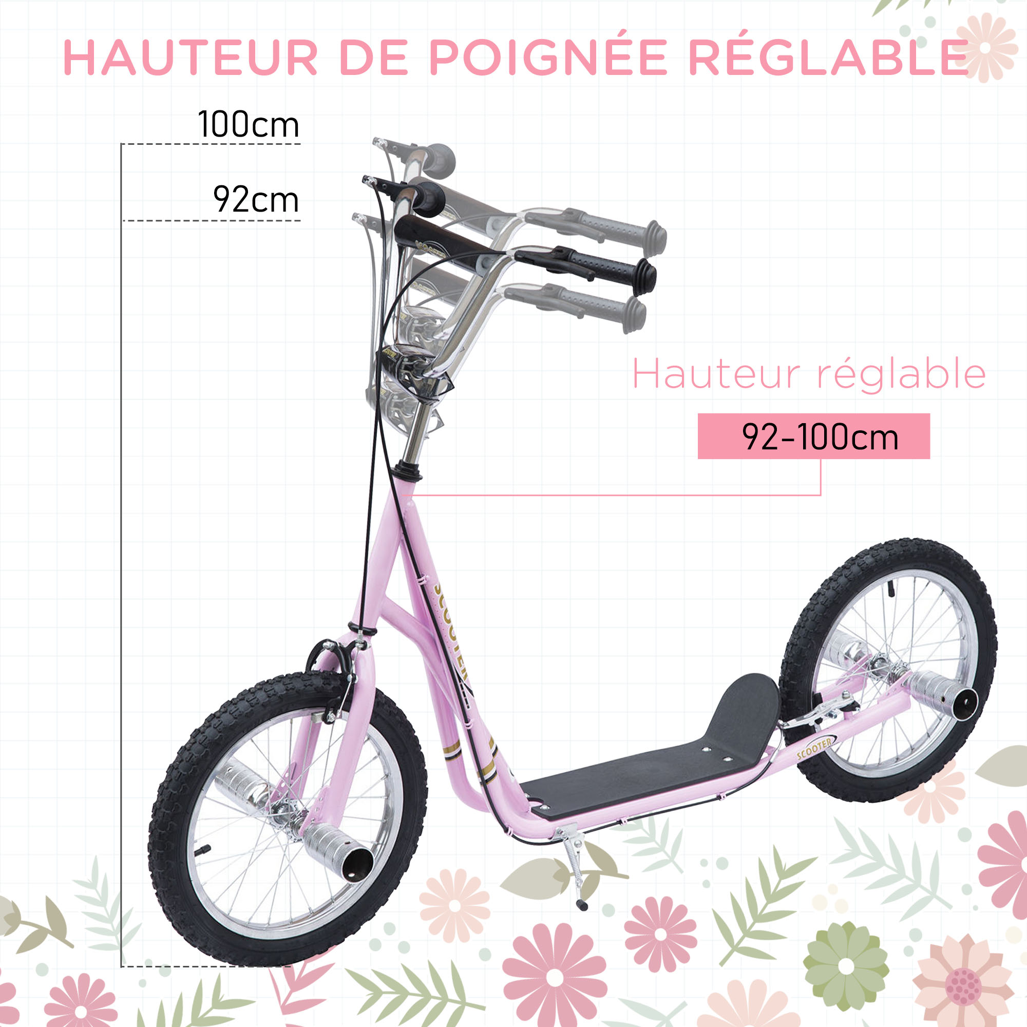 Trottinette patinette freestyle grandes roues et pegs rose