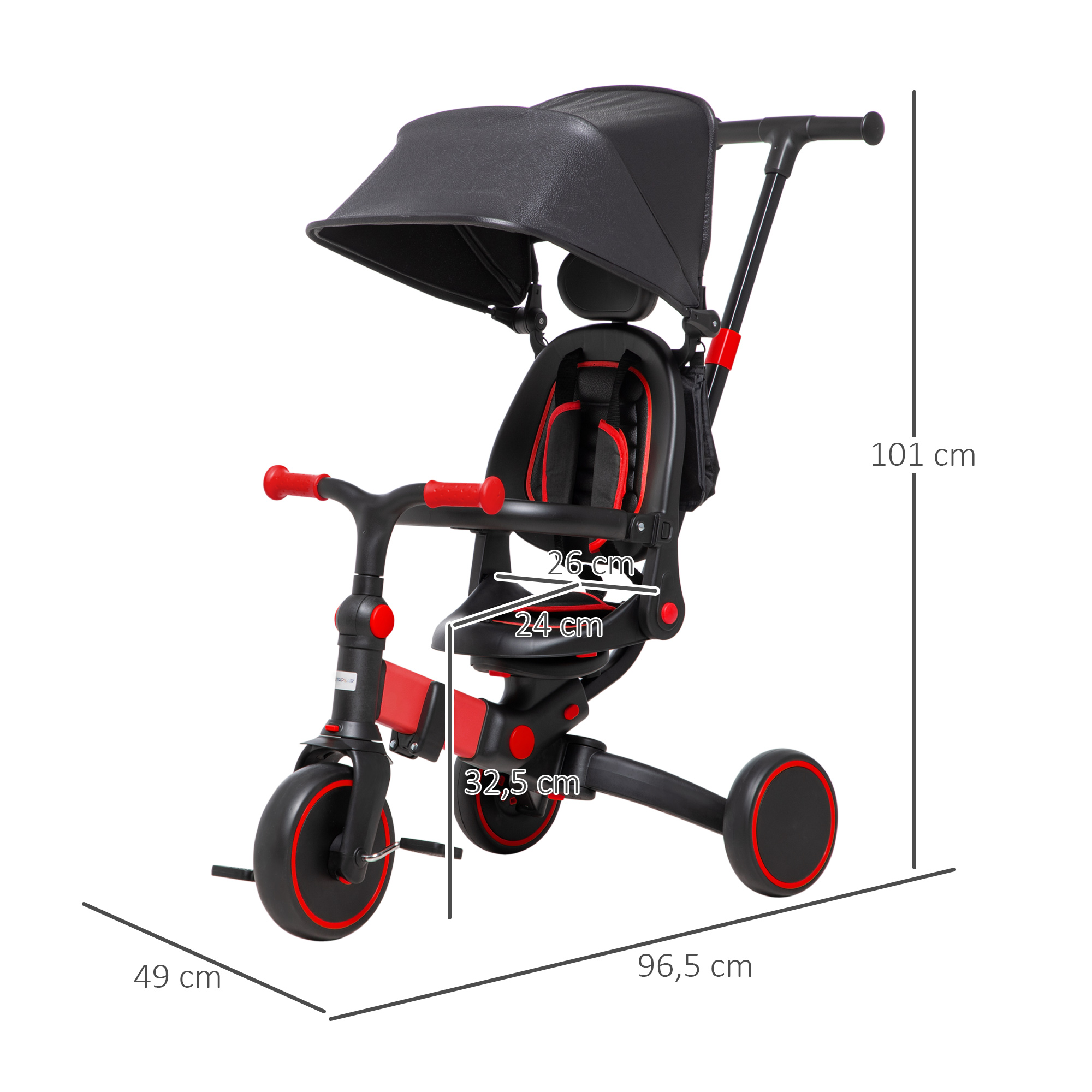 Tricycle enfant évolutif 3 en 1 réglable alu. PP rouge noir