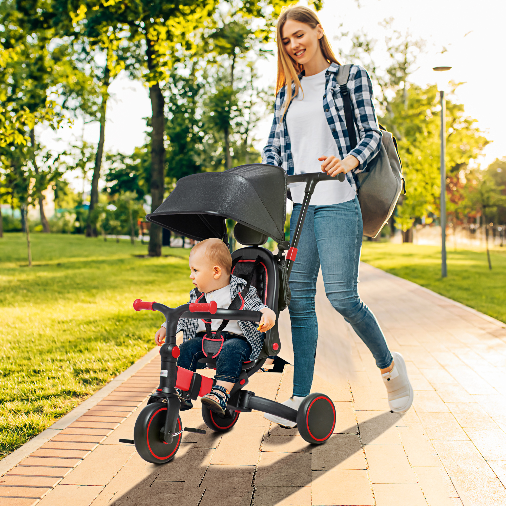 Tricycle enfant évolutif 3 en 1 réglable alu. PP rouge noir