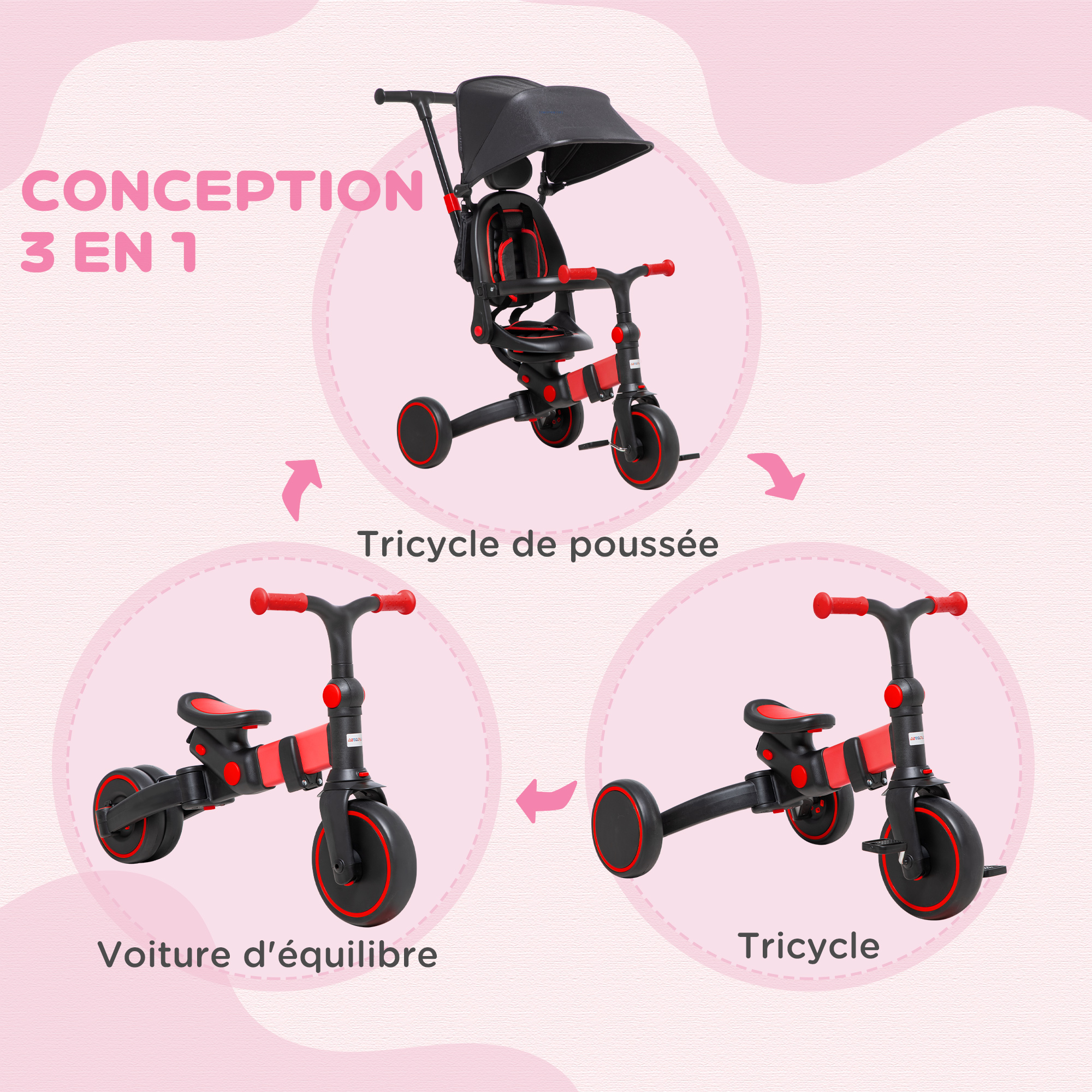 Tricycle enfant évolutif 3 en 1 réglable alu. PP rouge noir