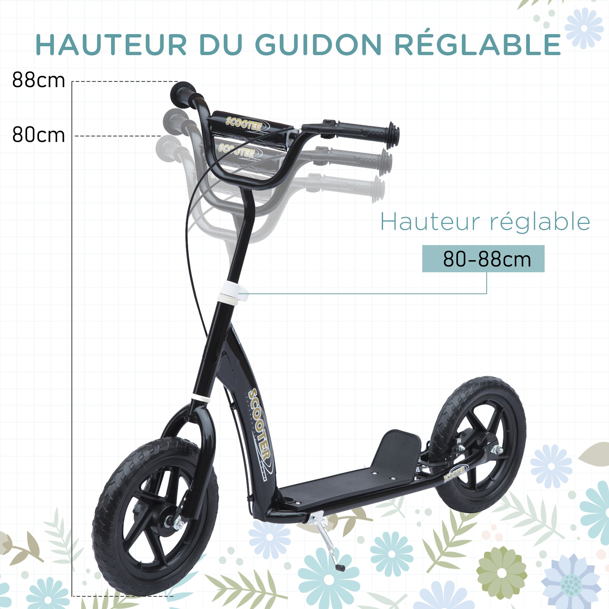 Trottinette patinette poignée frein béquille guidon réglable acier