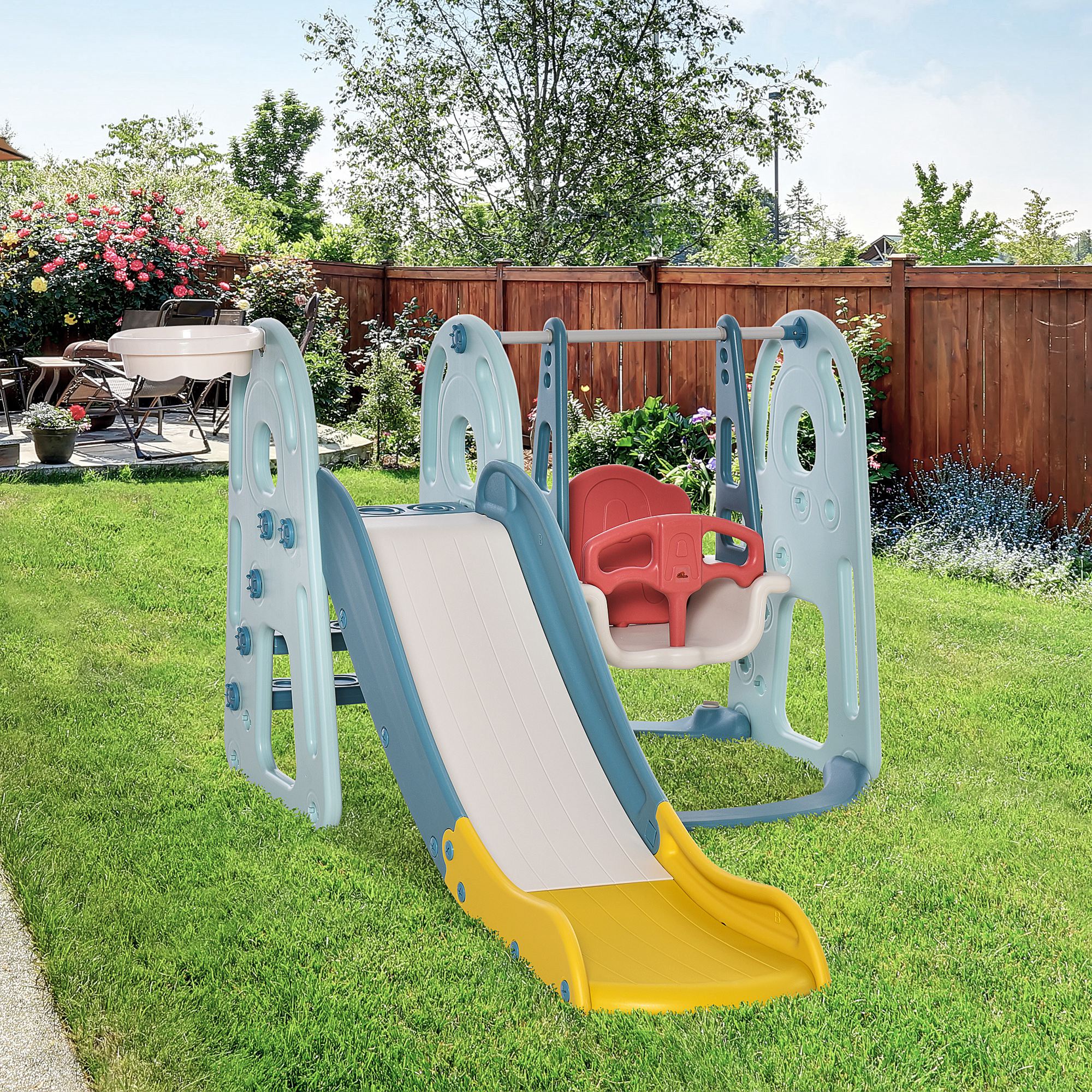 Portique enfant toboggan et balançoire avec panier de basket-ball