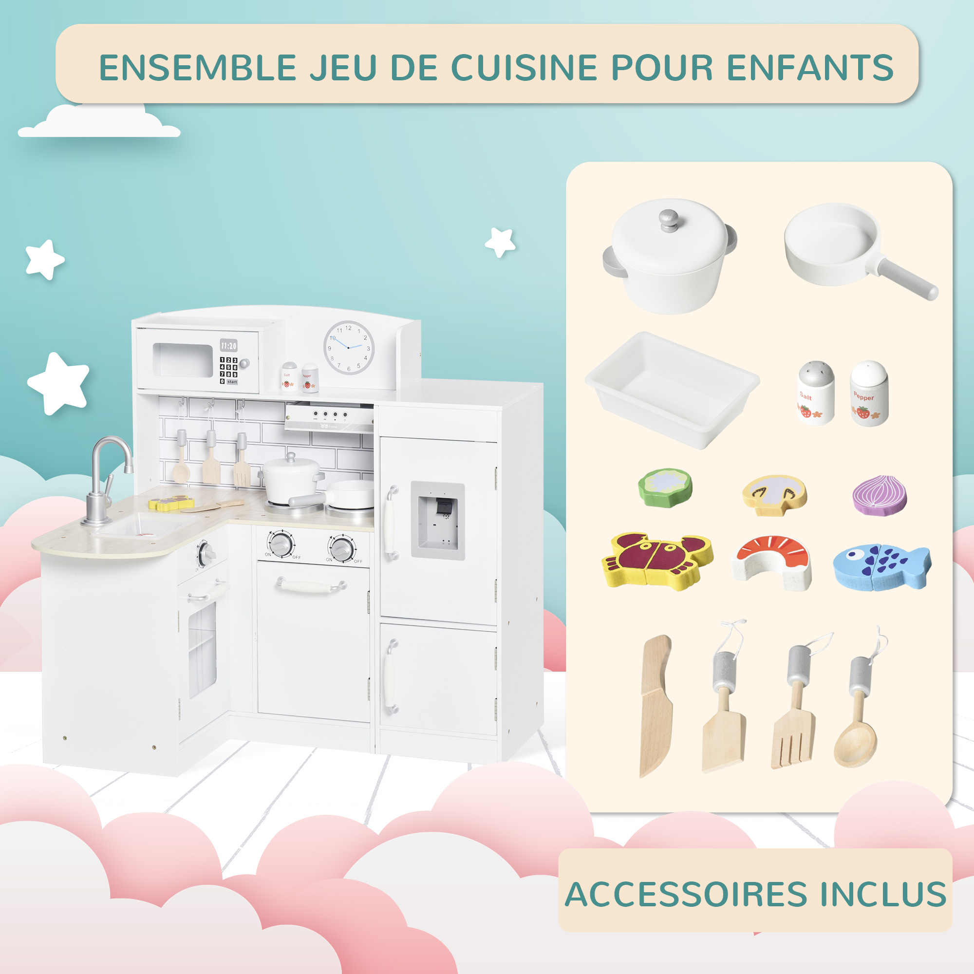 Cuisine bois jeu d'imitation accessoires & rangements inclus blanc