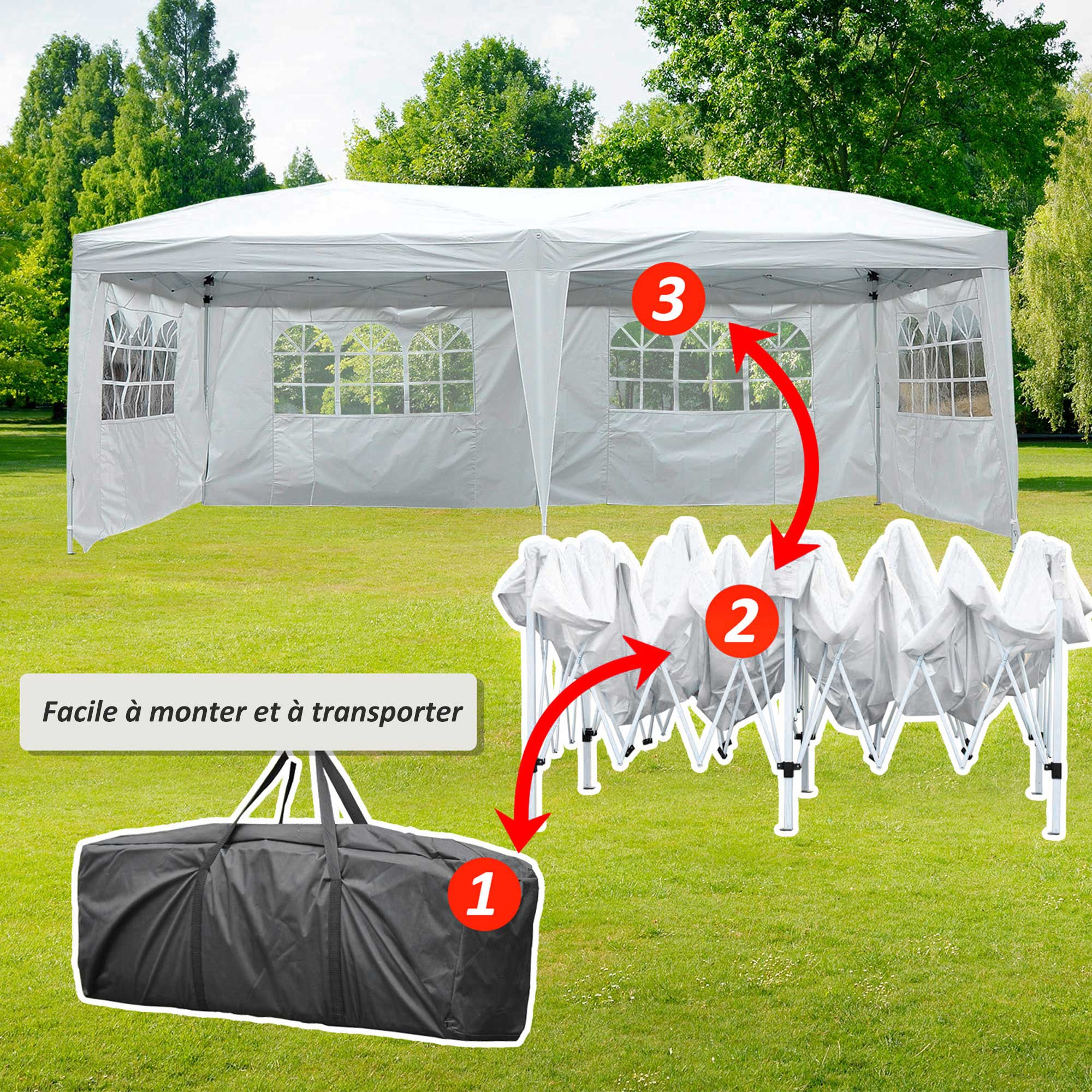 Tonnelle 3x6 m blanc cotes démontables