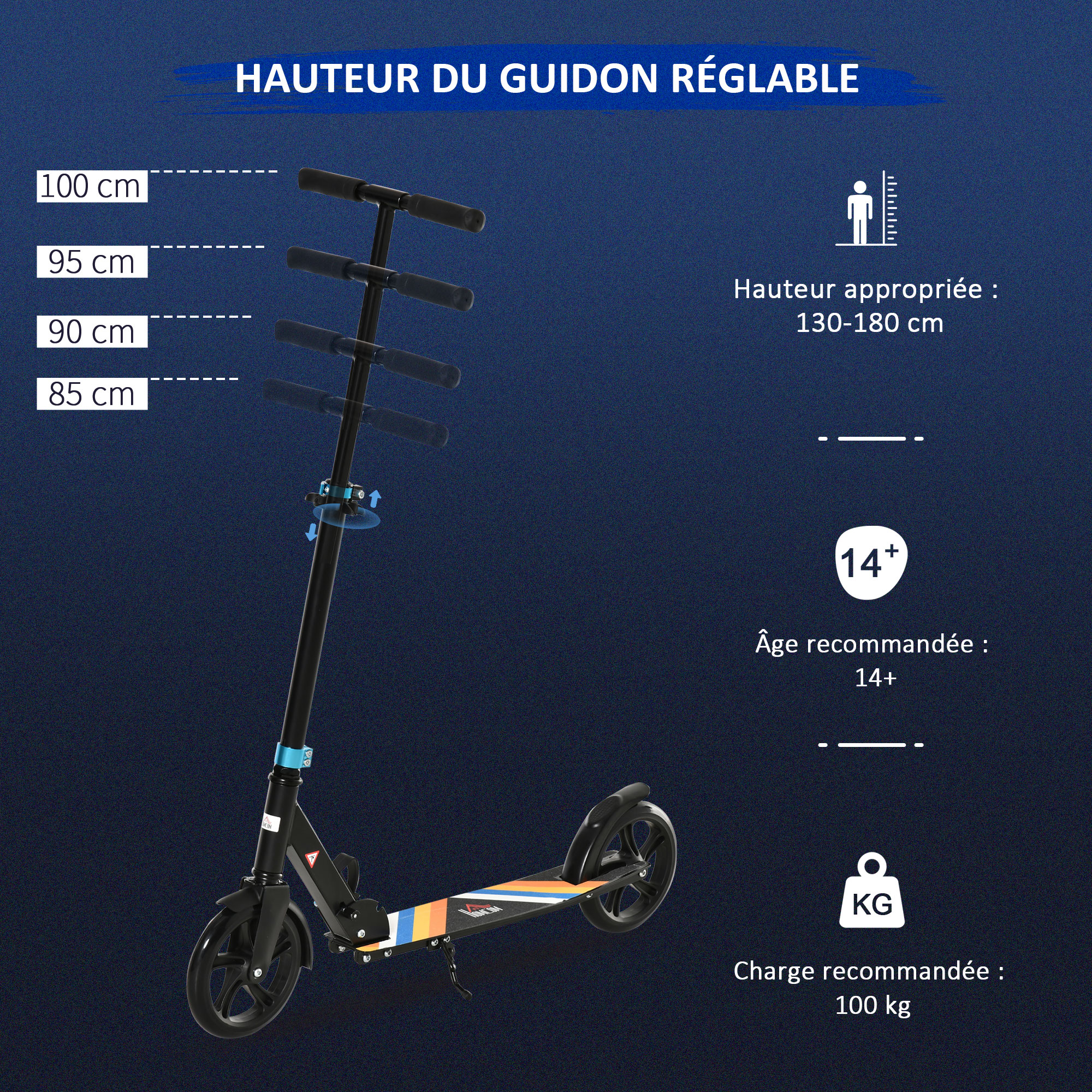 Trottinette pliable béquille frein guidon réglable alu. multicolore