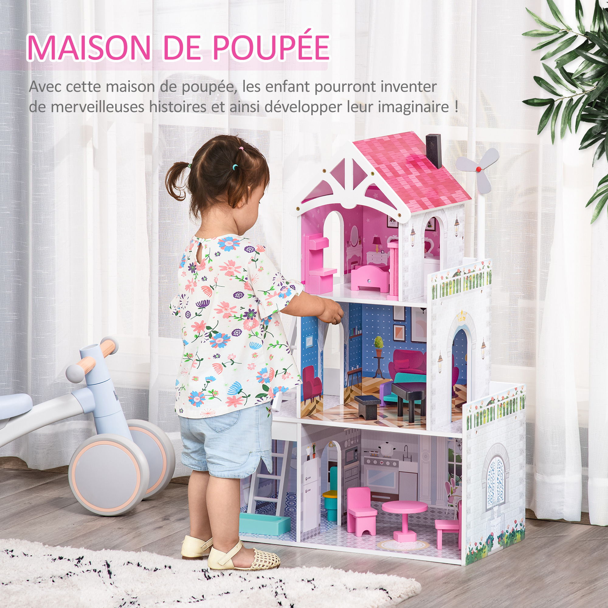 Maison de poupée 3 étages jeu d'imitation multi-équipement