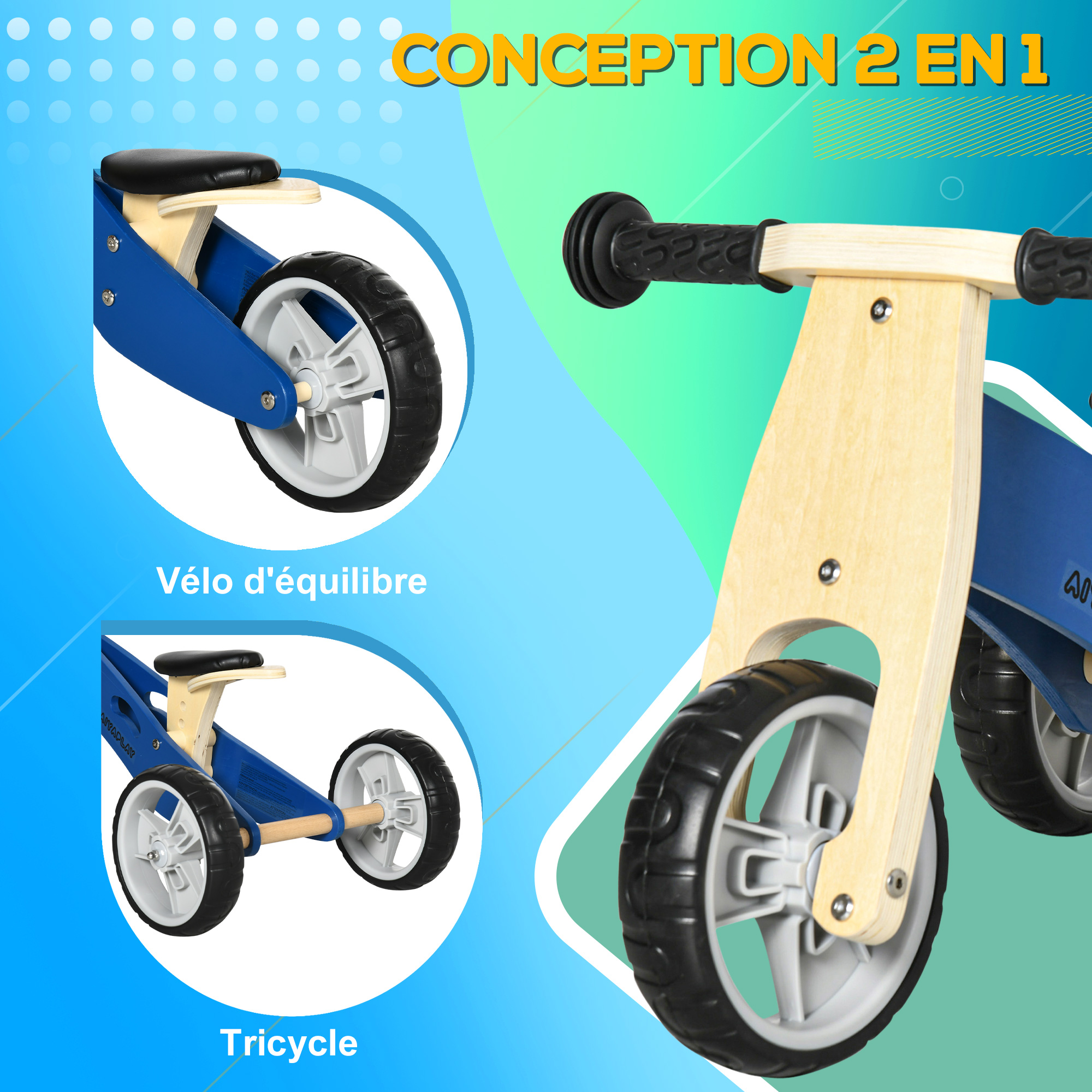 Tricycle draisienne enfant 2 en 1 selle réglable panneaux bois