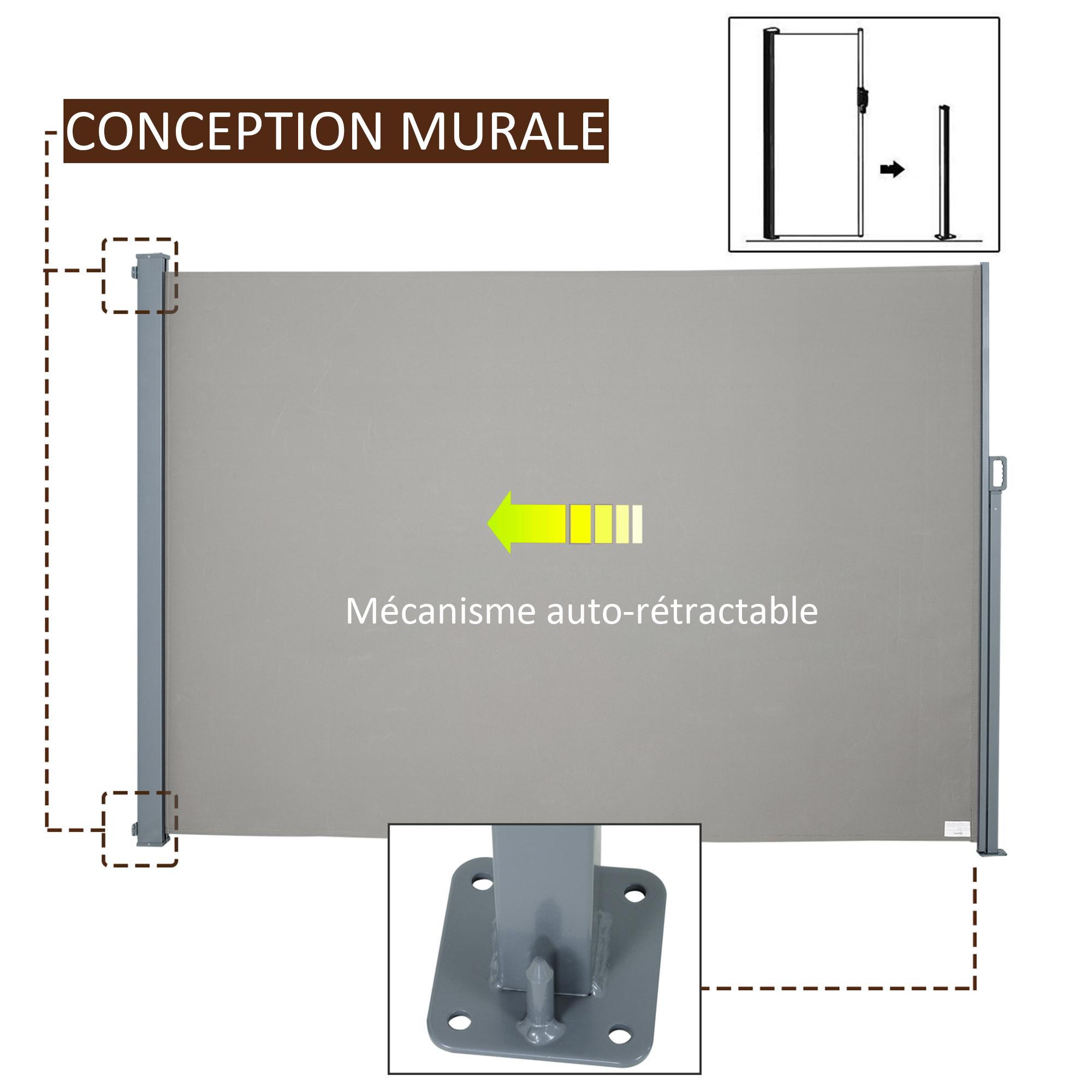 Store latéral brise-vue rétractable alu. polyester haute densité