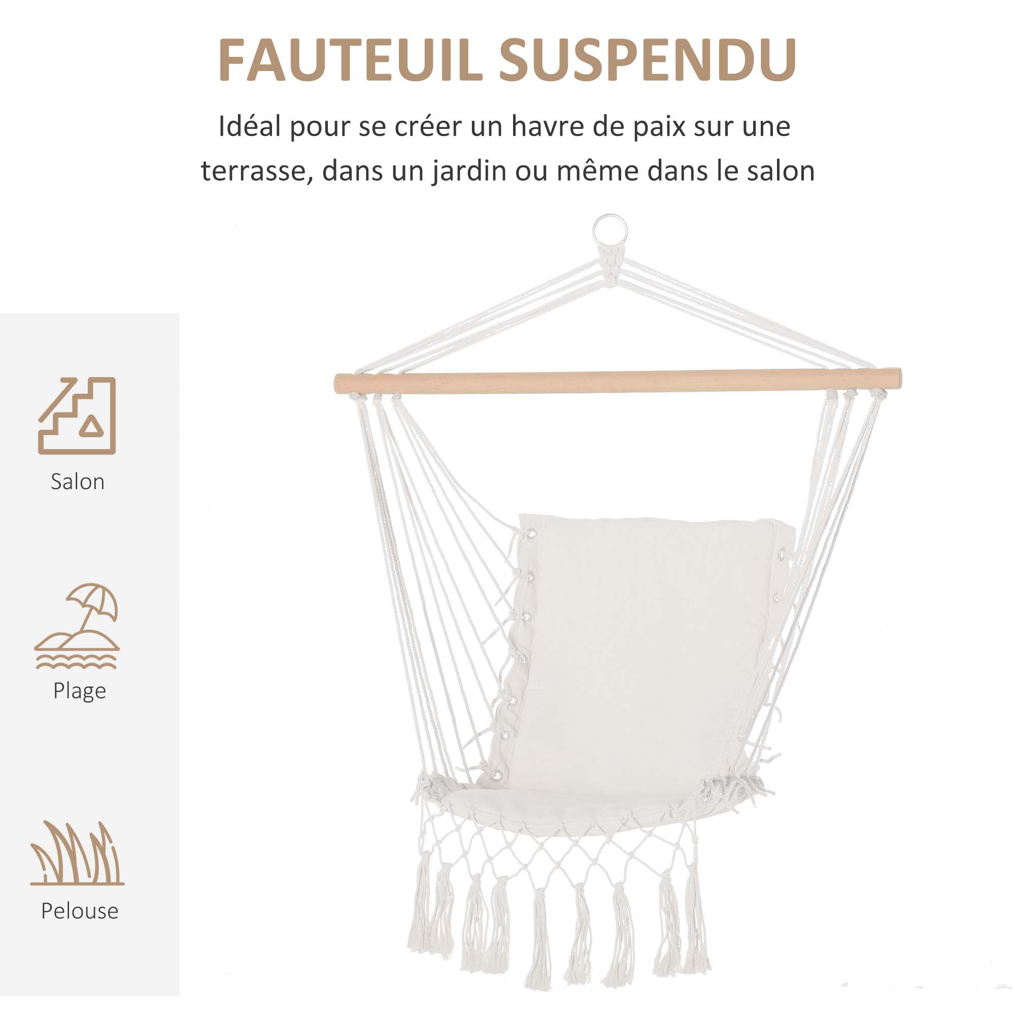Fauteuil suspendu avec macramé coton polyester beige