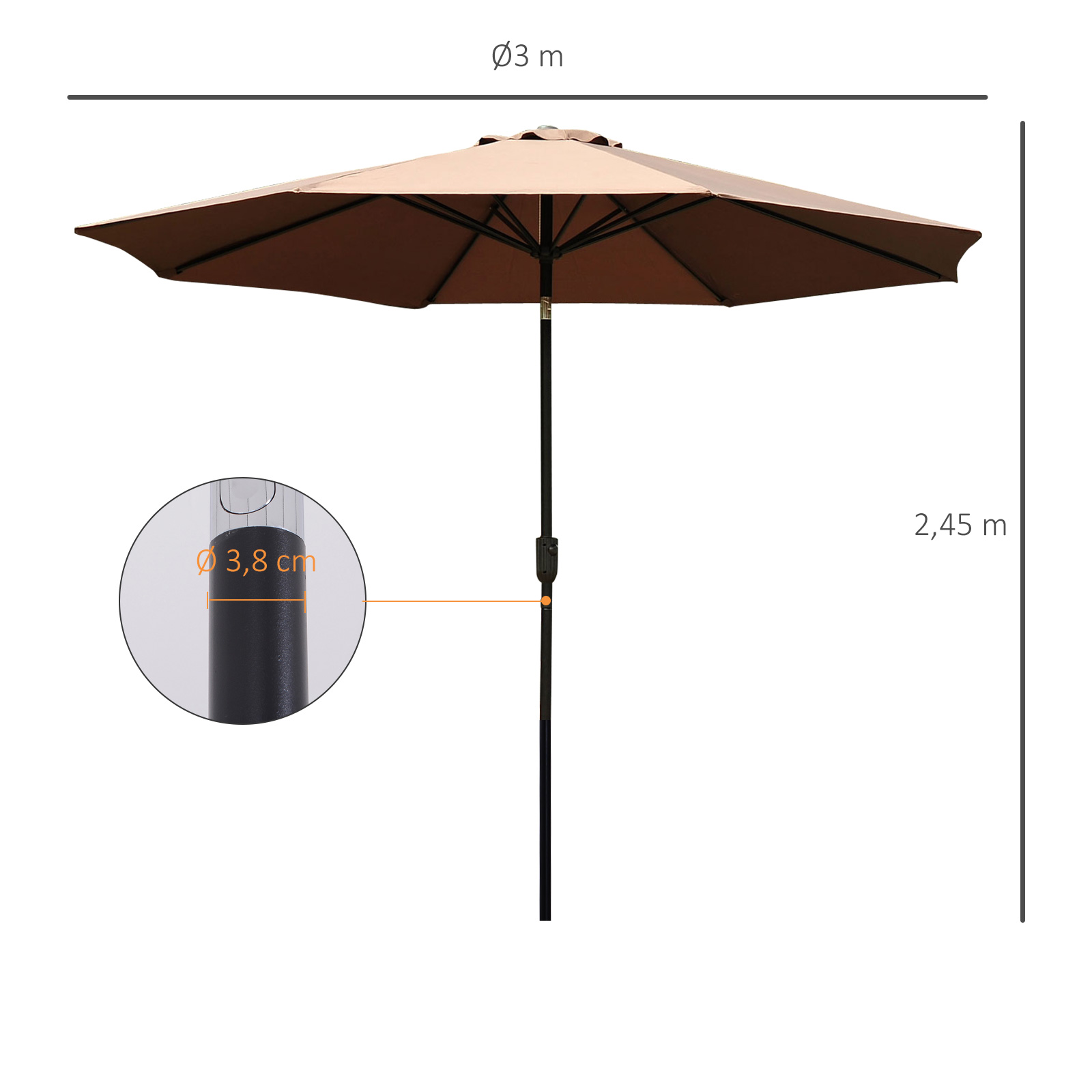 Parasol octogonal inclinable 3 m métal polyester 180 g/m²