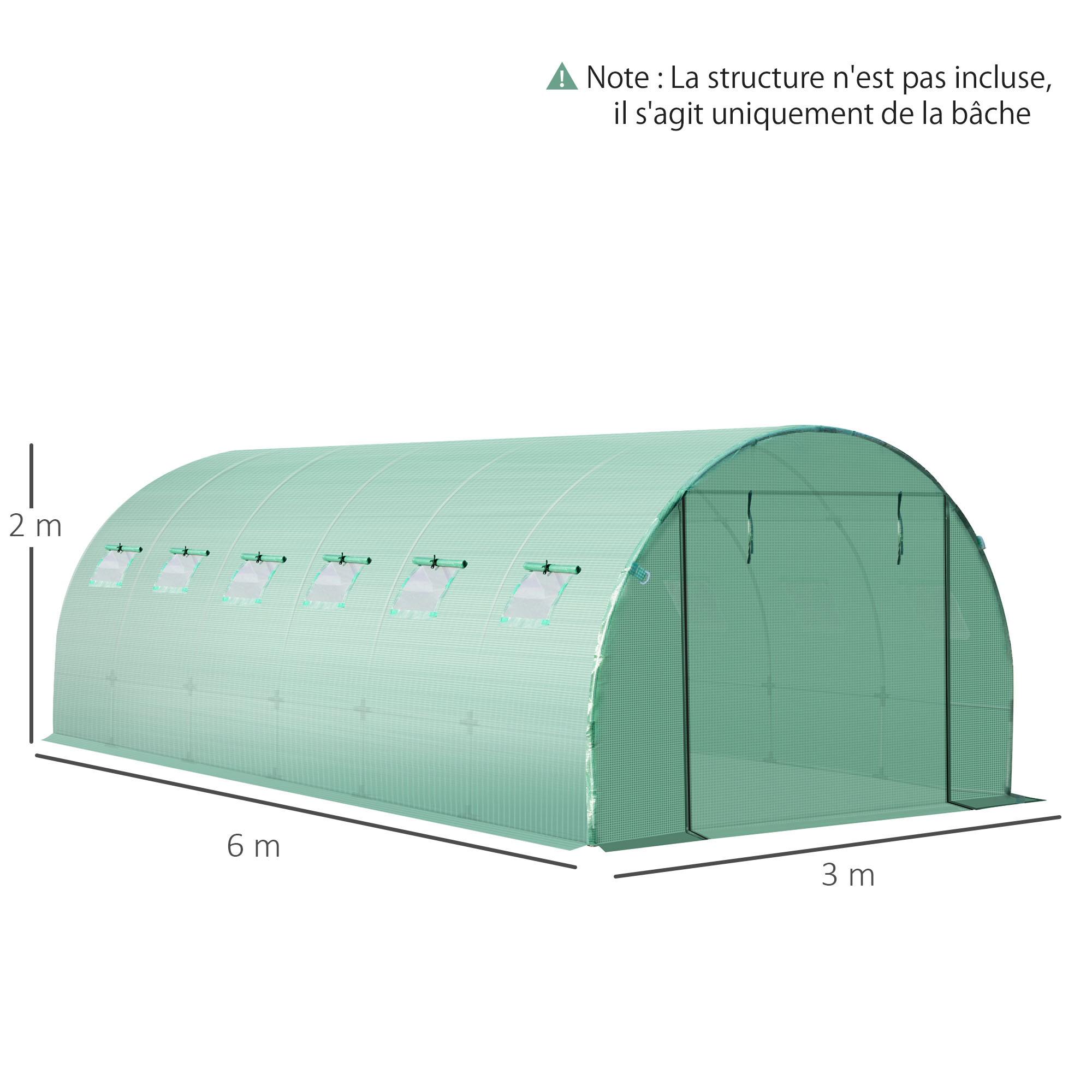 Bâche de rechange serre tunnel 6L x 3l x 2H m PE fenêtres + porte vert