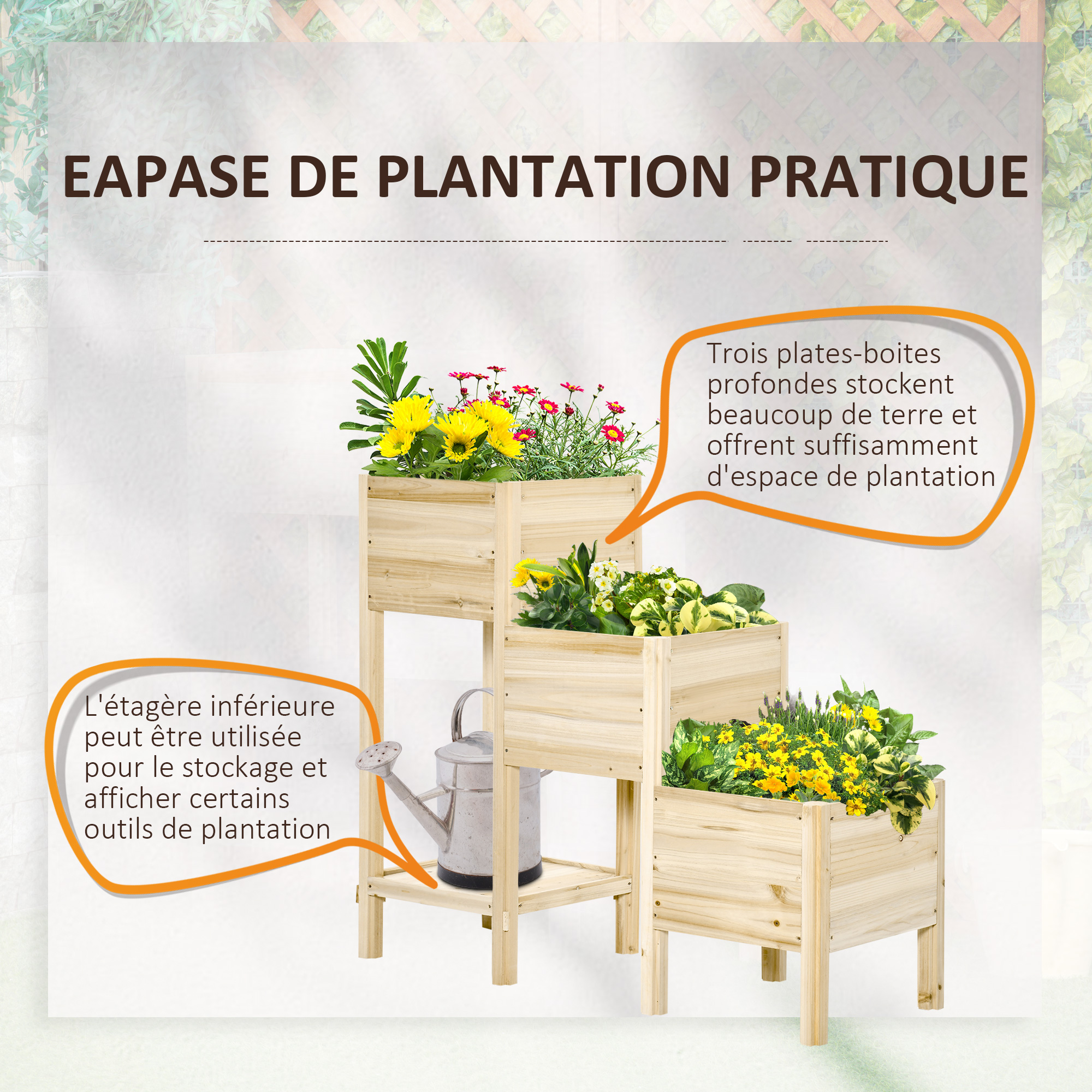 Jardinière sur pieds 3 étages inserts d'irrigation étagère sapin