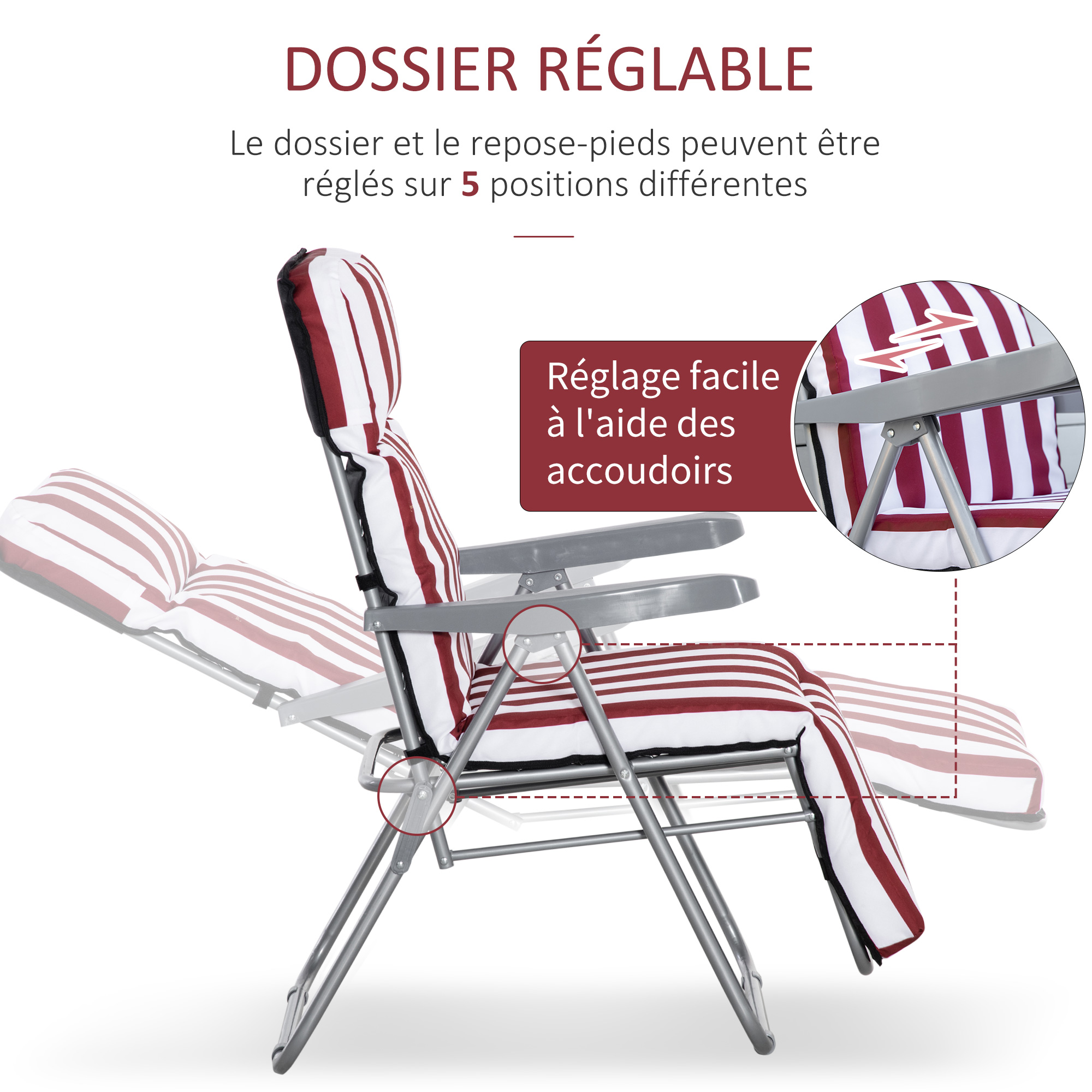 Lot de 2 chaises longues pliables rouge blanc