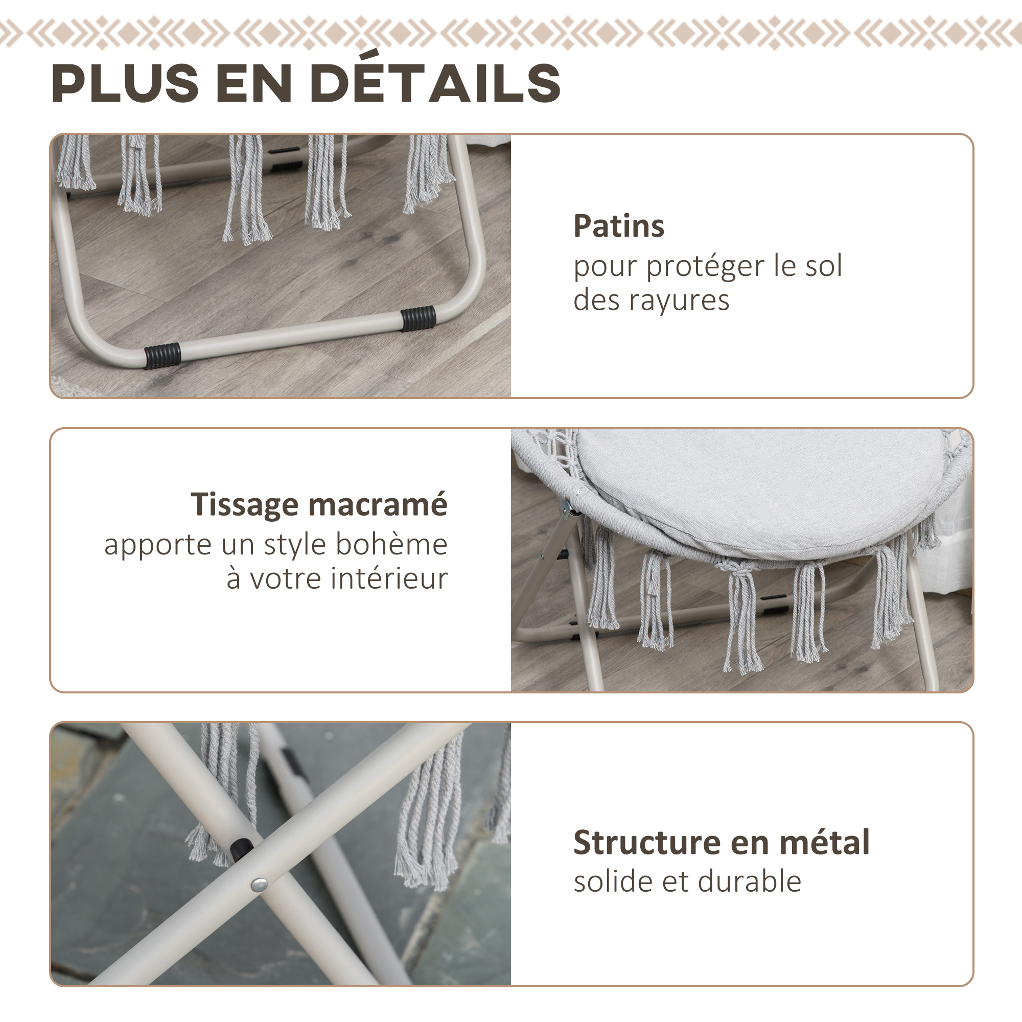 Loveuse fauteuil lune rond de jardin pliable macramé coton polyester gris