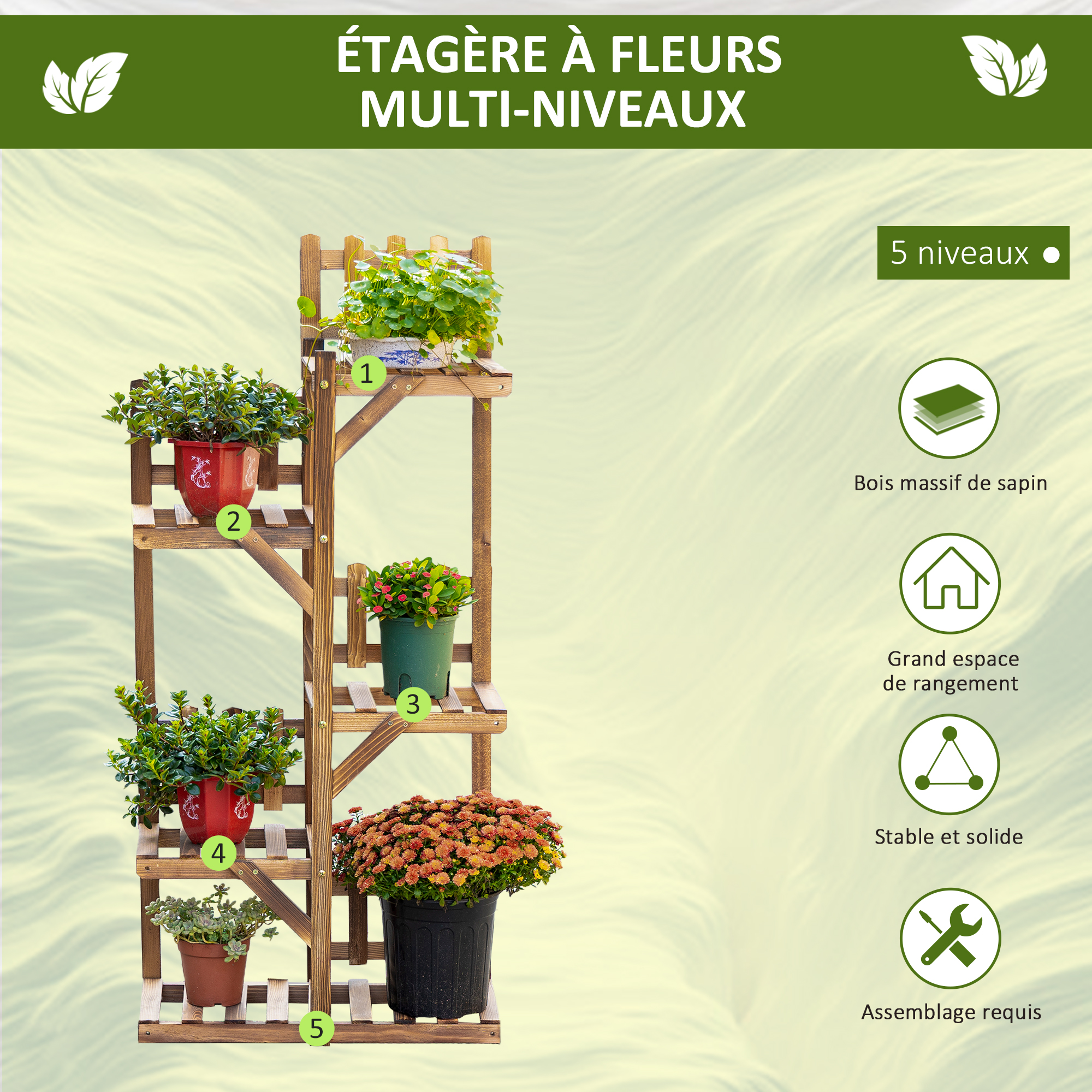 Étagère à fleurs en bois - porte plante bois 6 tablettes bois sapin