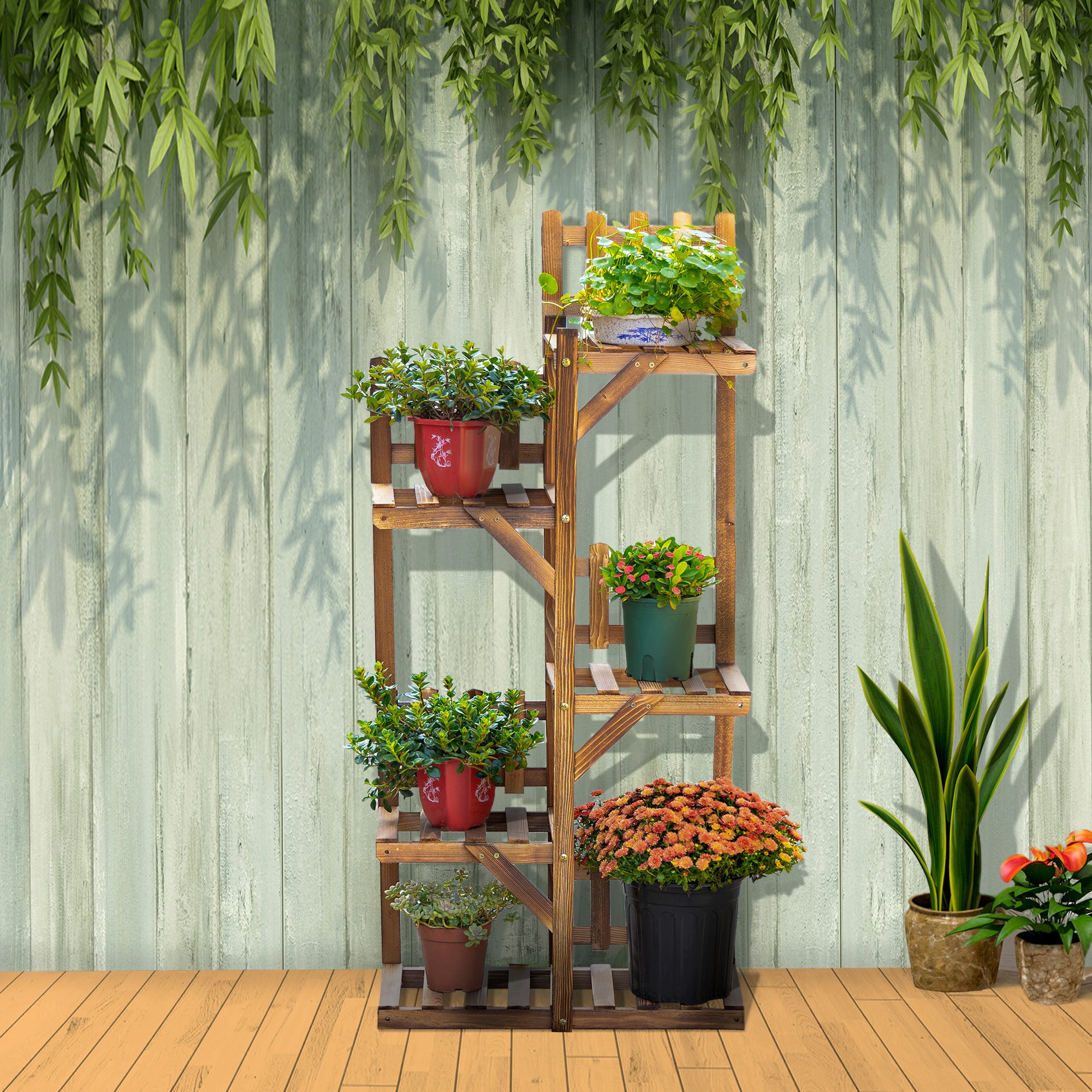 Étagère à fleurs en bois - porte plante bois 5 tablettes bois sapin