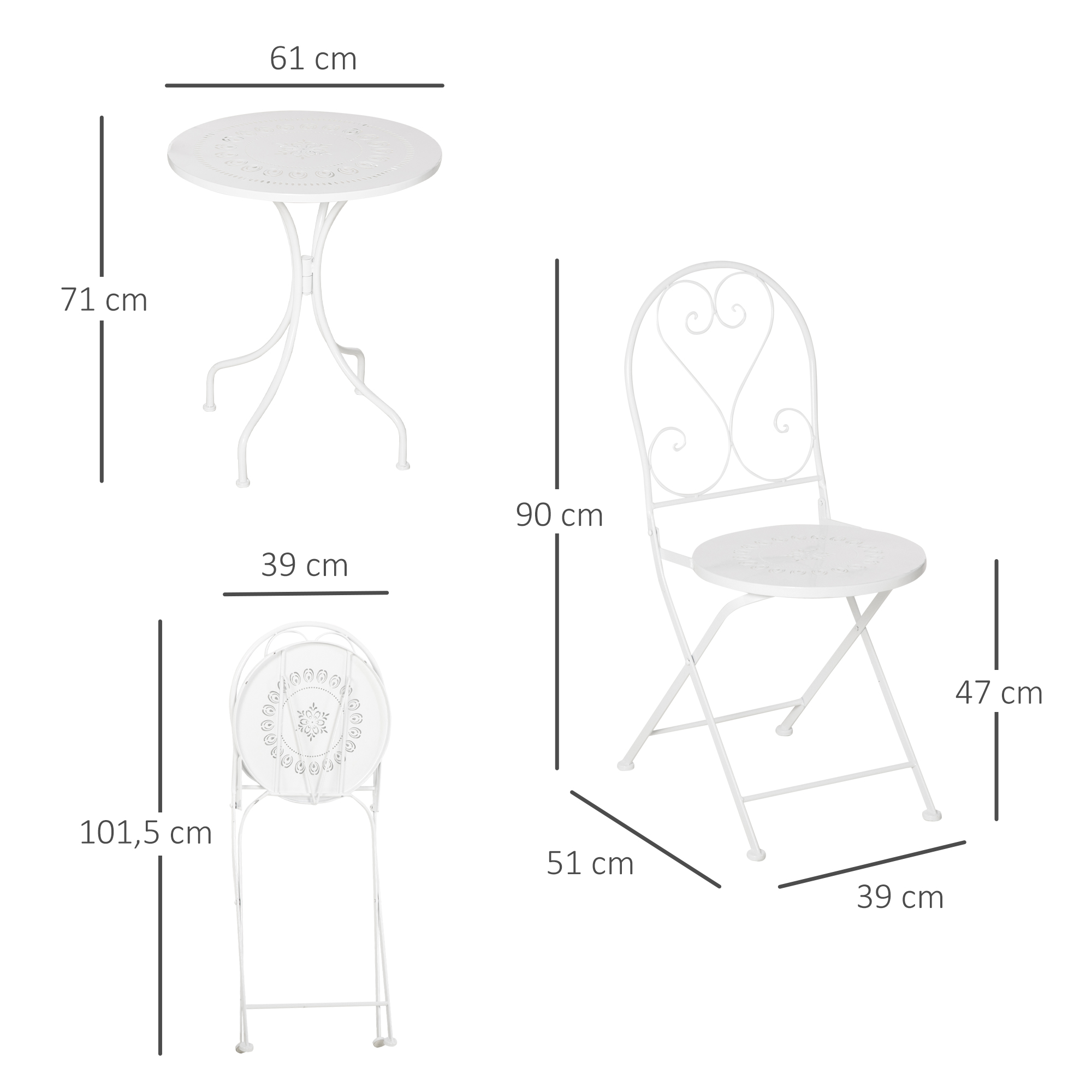 Ensemble de jardin bistro 3 pièces 2 chaises pliantes avec table blanc