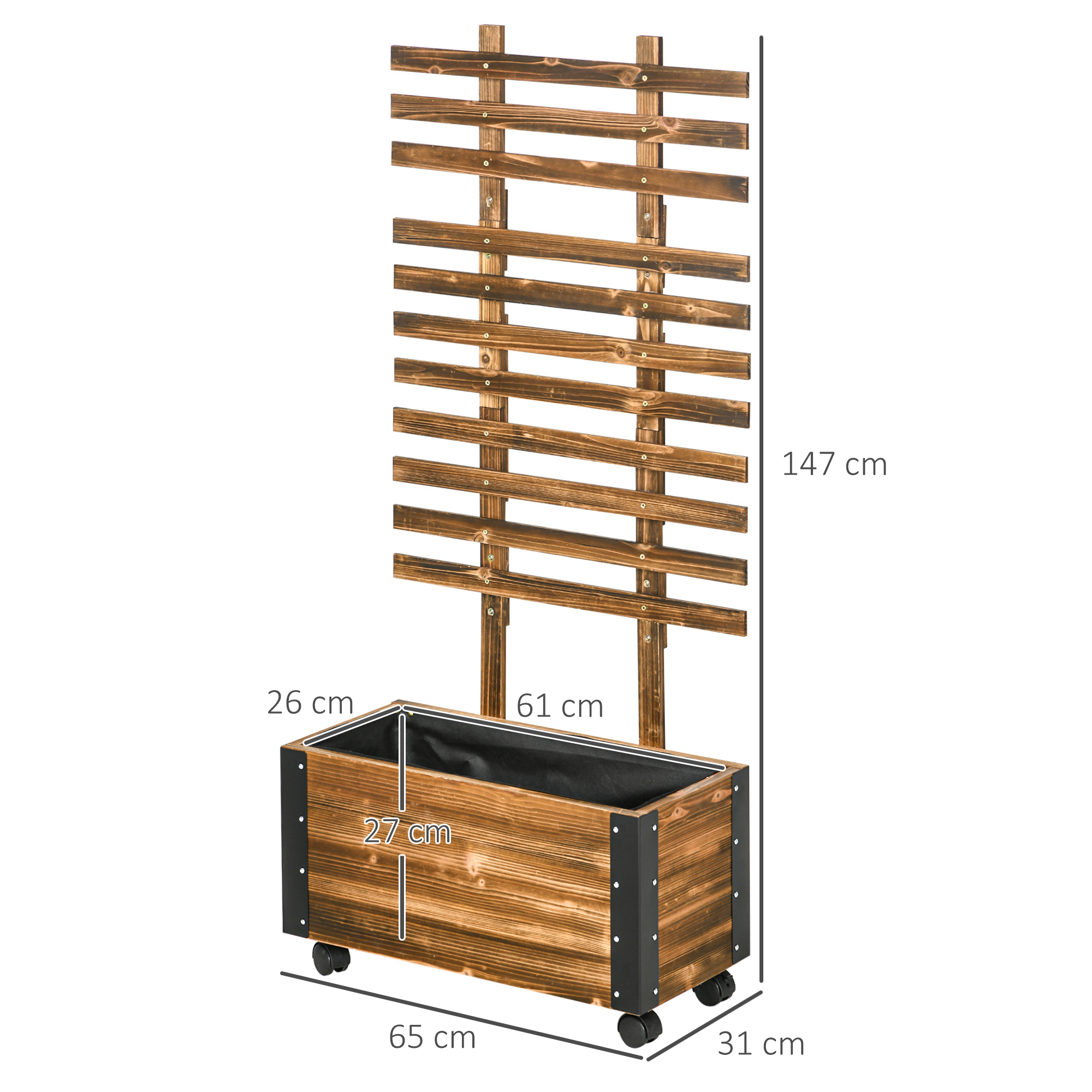 Jardinière avec treillis sur roulettes métal sapin traité