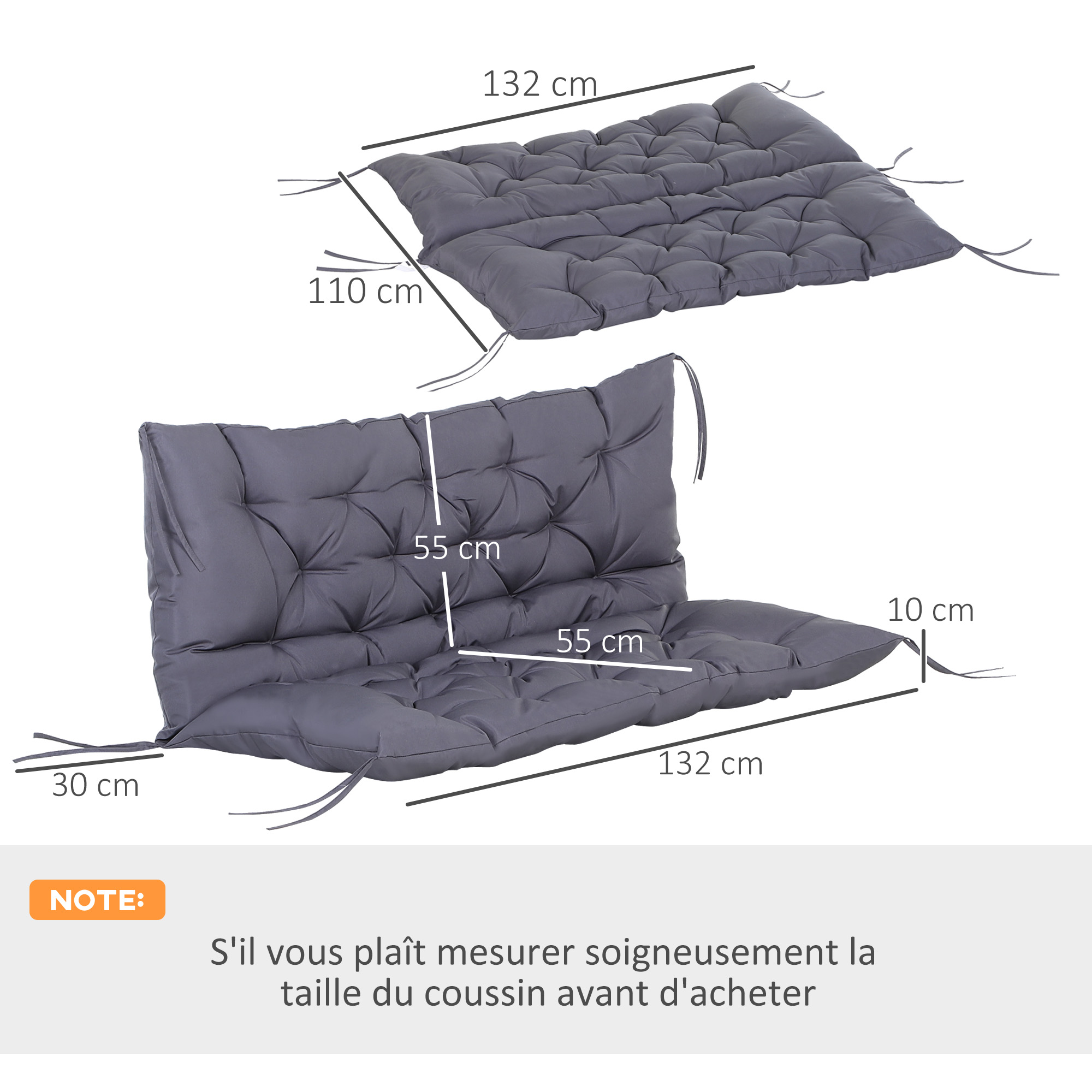 Coussin matelas assise dossier pour banc de jardin balancelle canapé 2 places