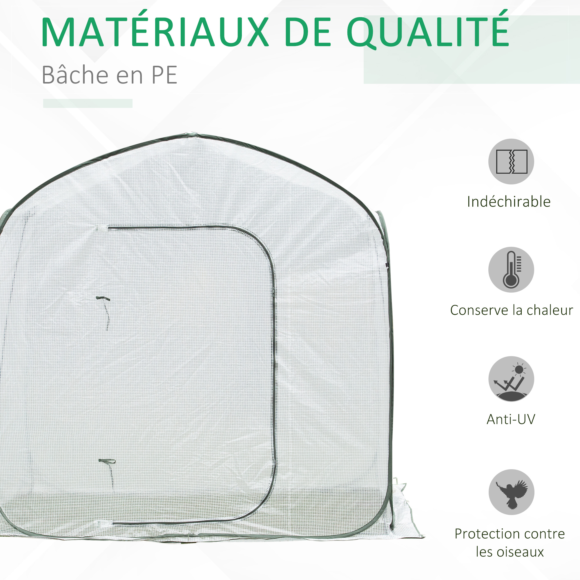 Serre de jardin pop-up porte zippée enroulable sac transport PE blanc vert