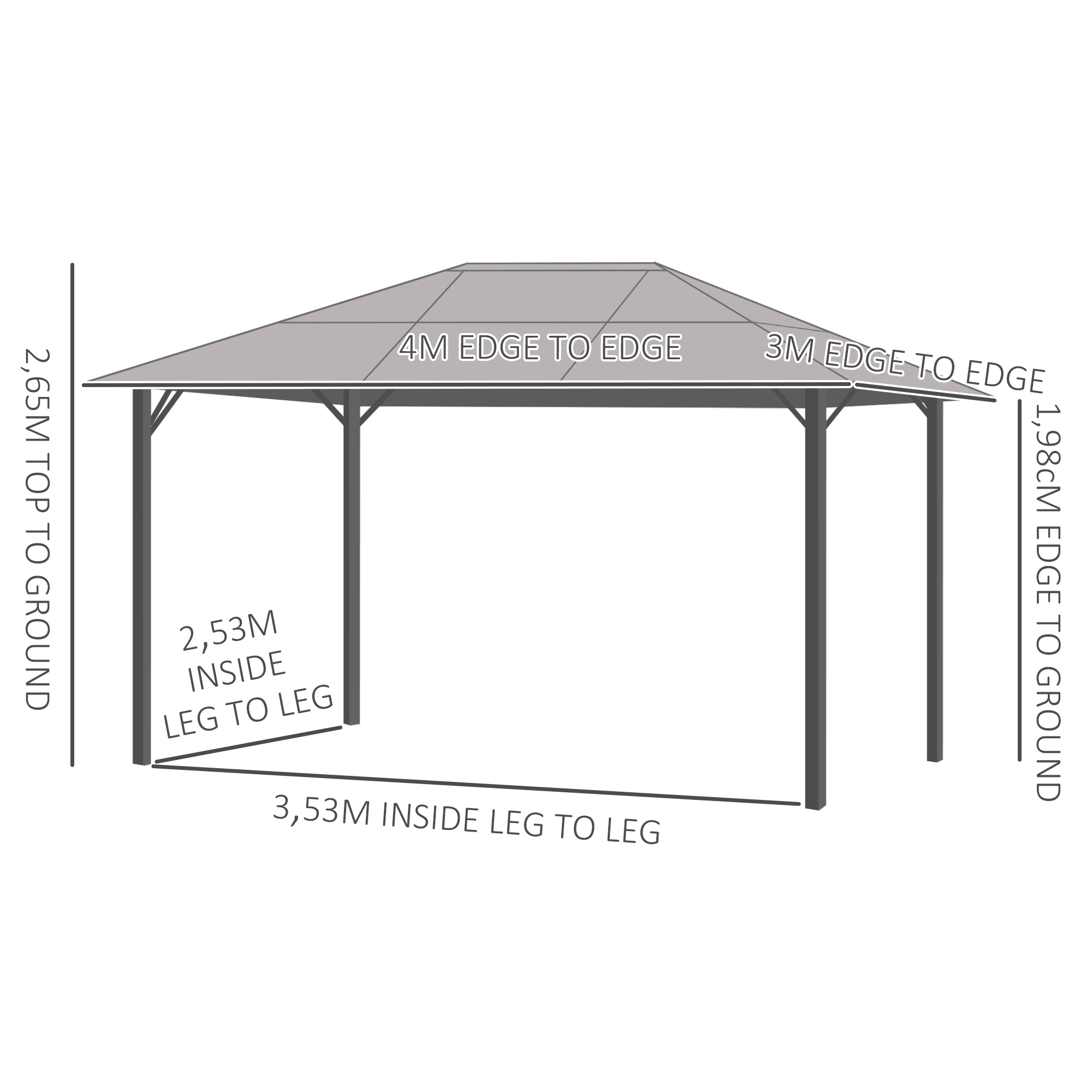 Pavillon de jardin dim. 4L x 3l x 2,65H m alu. métal polycarbonate