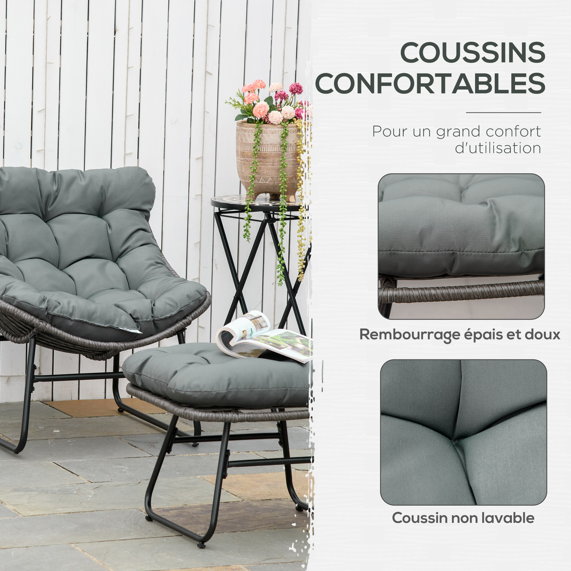 Fauteuil de jardin avec repose-pieds 2 coussins inclus