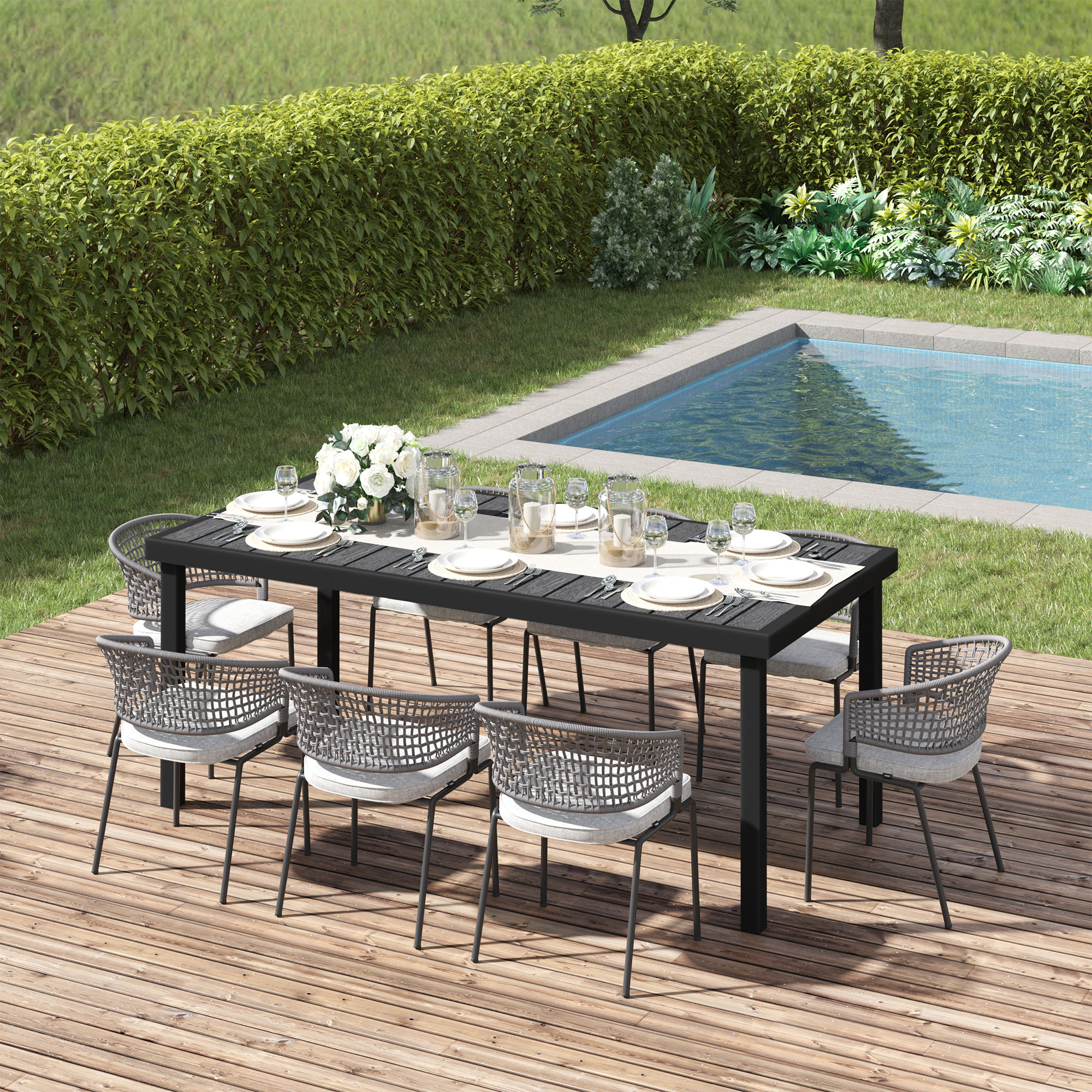 Table de jardin rectangulaire 8 places alu. aspect bois