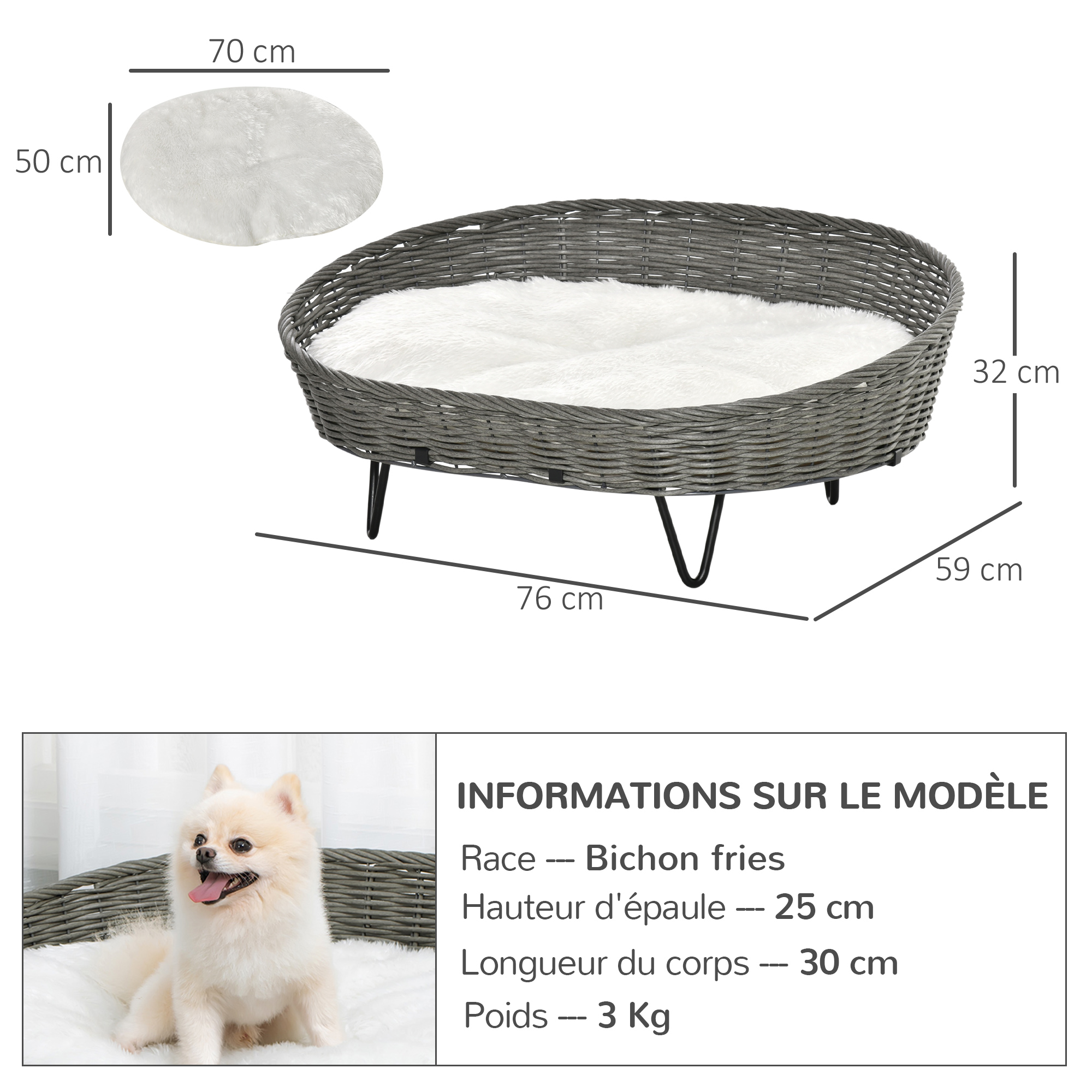 Canapé chien chat style cosy chic résine tressée grise coussin fourrure blanc