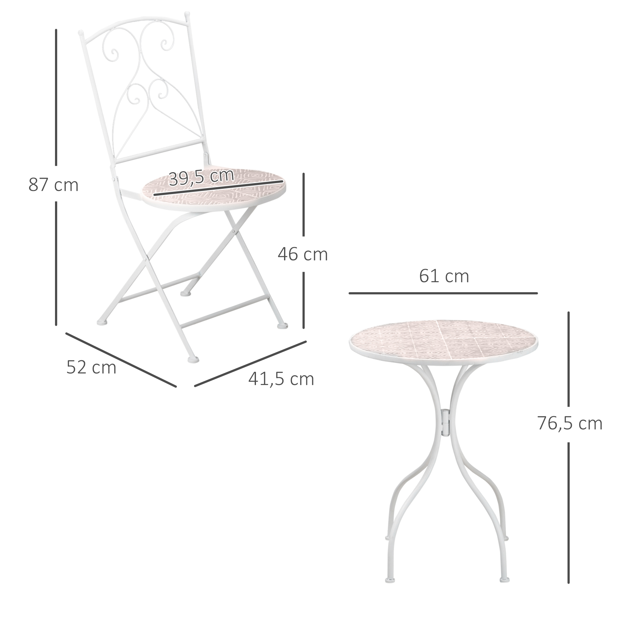 Ensemble de jardin bistro 3 pièces 2 chaises pliantes table ronde blanc