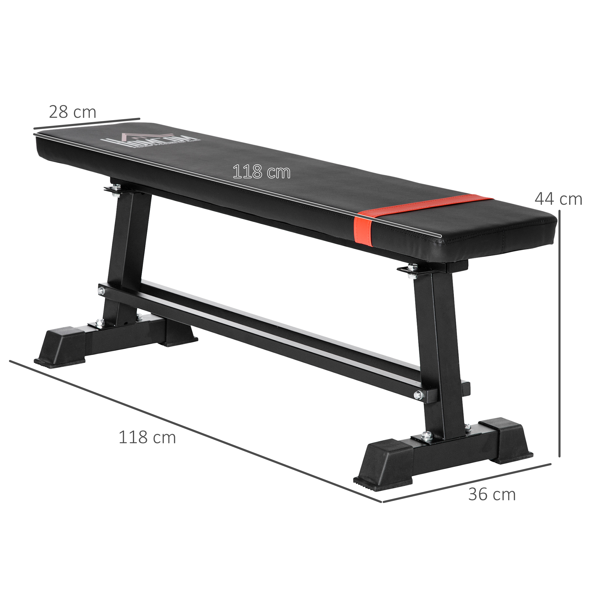 Banc de musculation à plat - rack haltères intégré - noir rouge