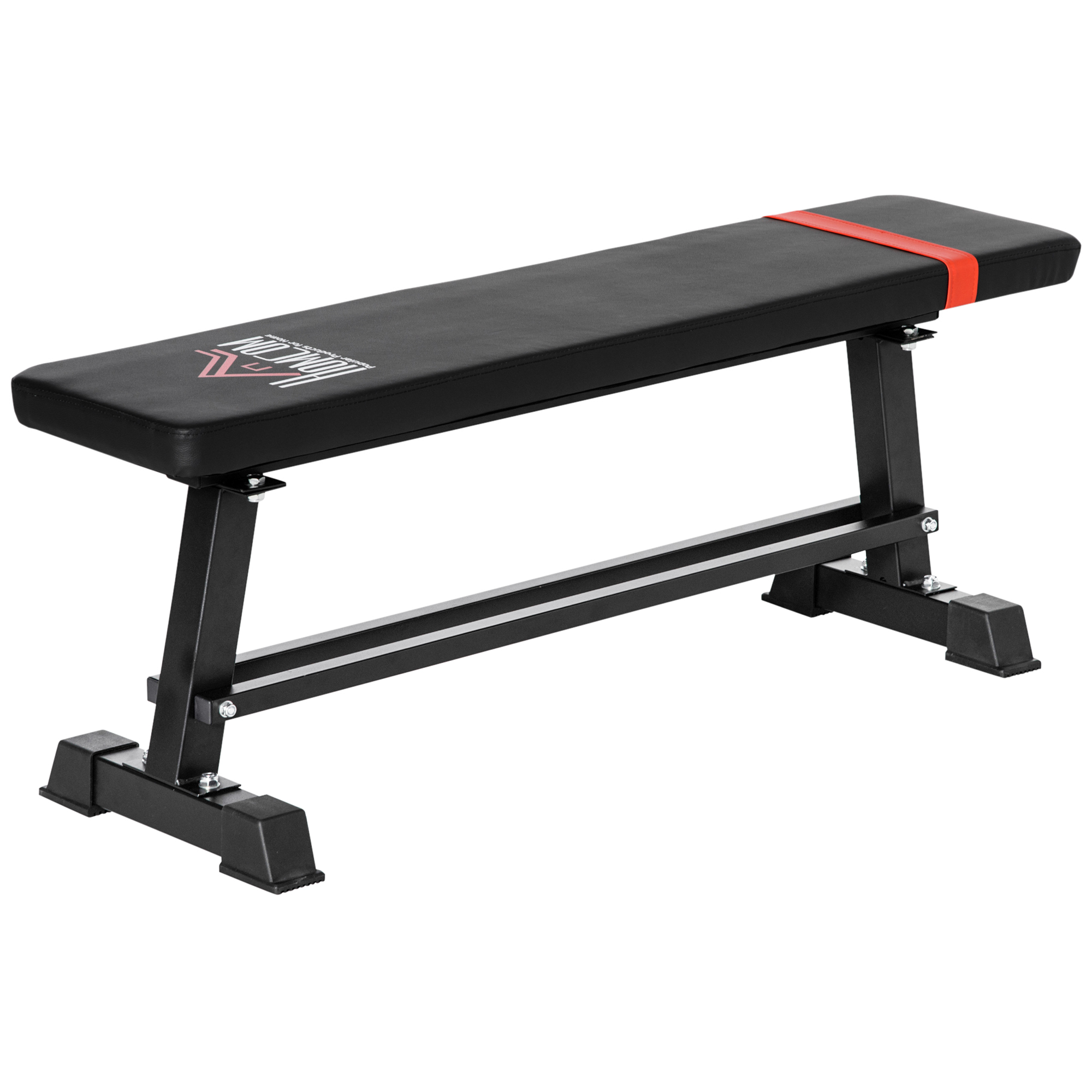 Banc de musculation à plat - rack haltères intégré - noir rouge