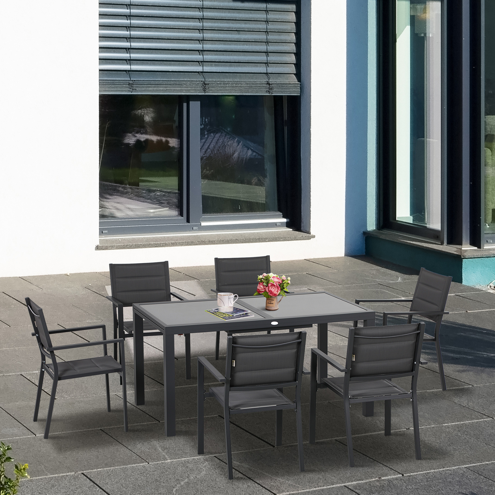 Ensemble de jardin 6 personnes table extensible plateau verre trempé gris