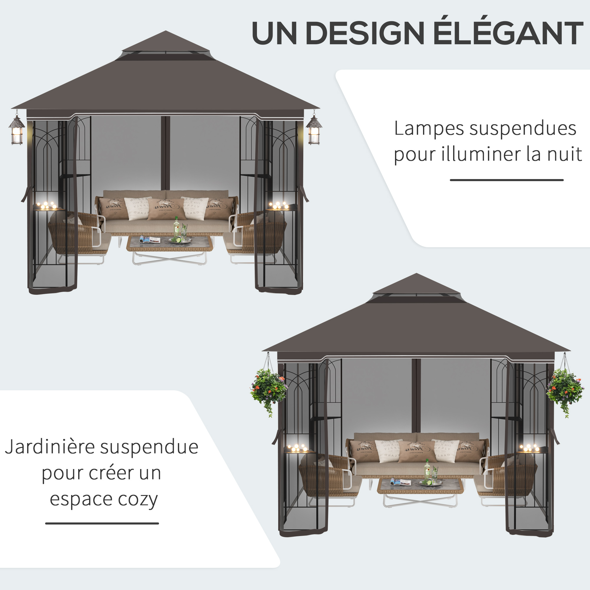 Tonnelle barnum style colonial moustiquaires 4 étagères métal époxy polyester chocolat