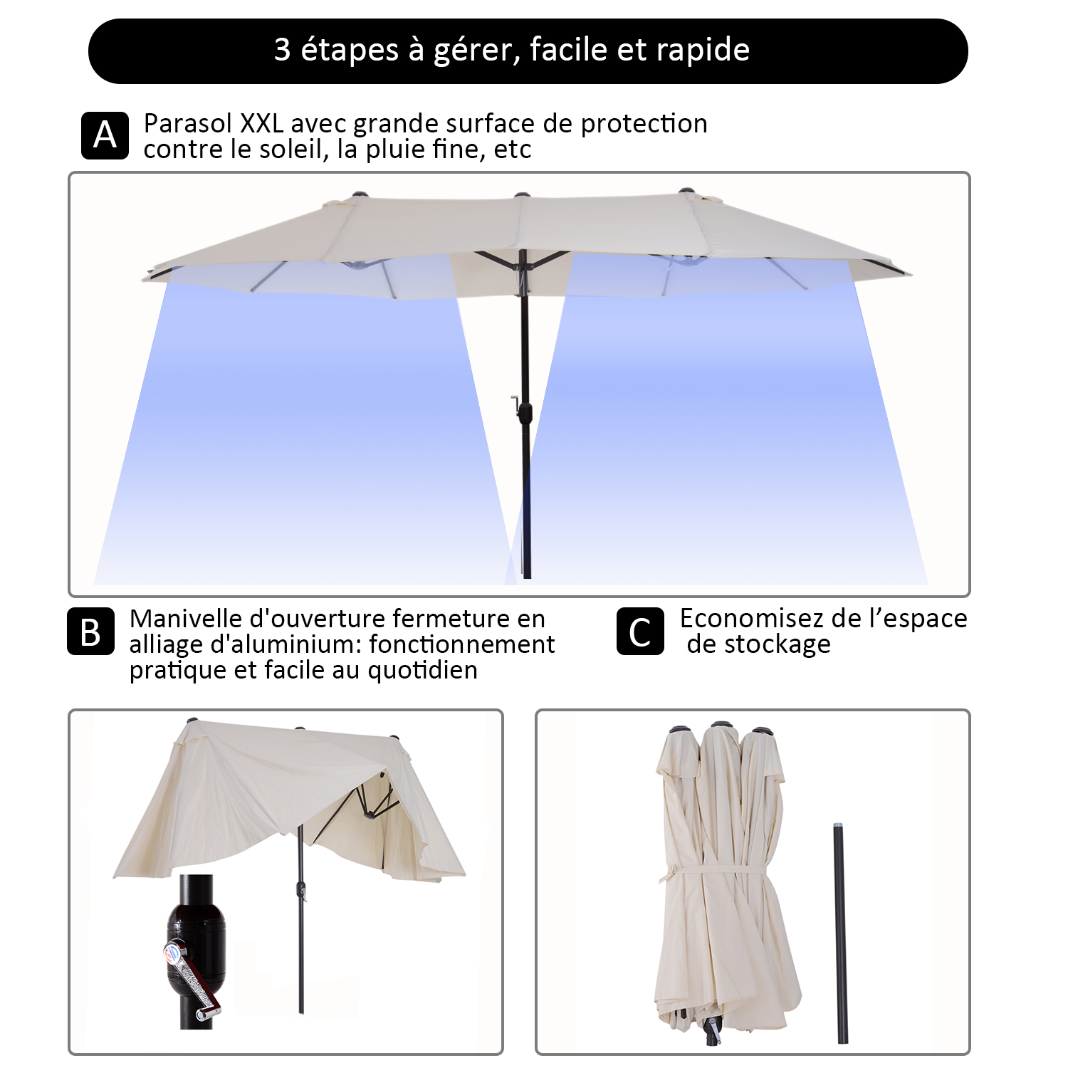 Grand parasol acier polyester haute densité