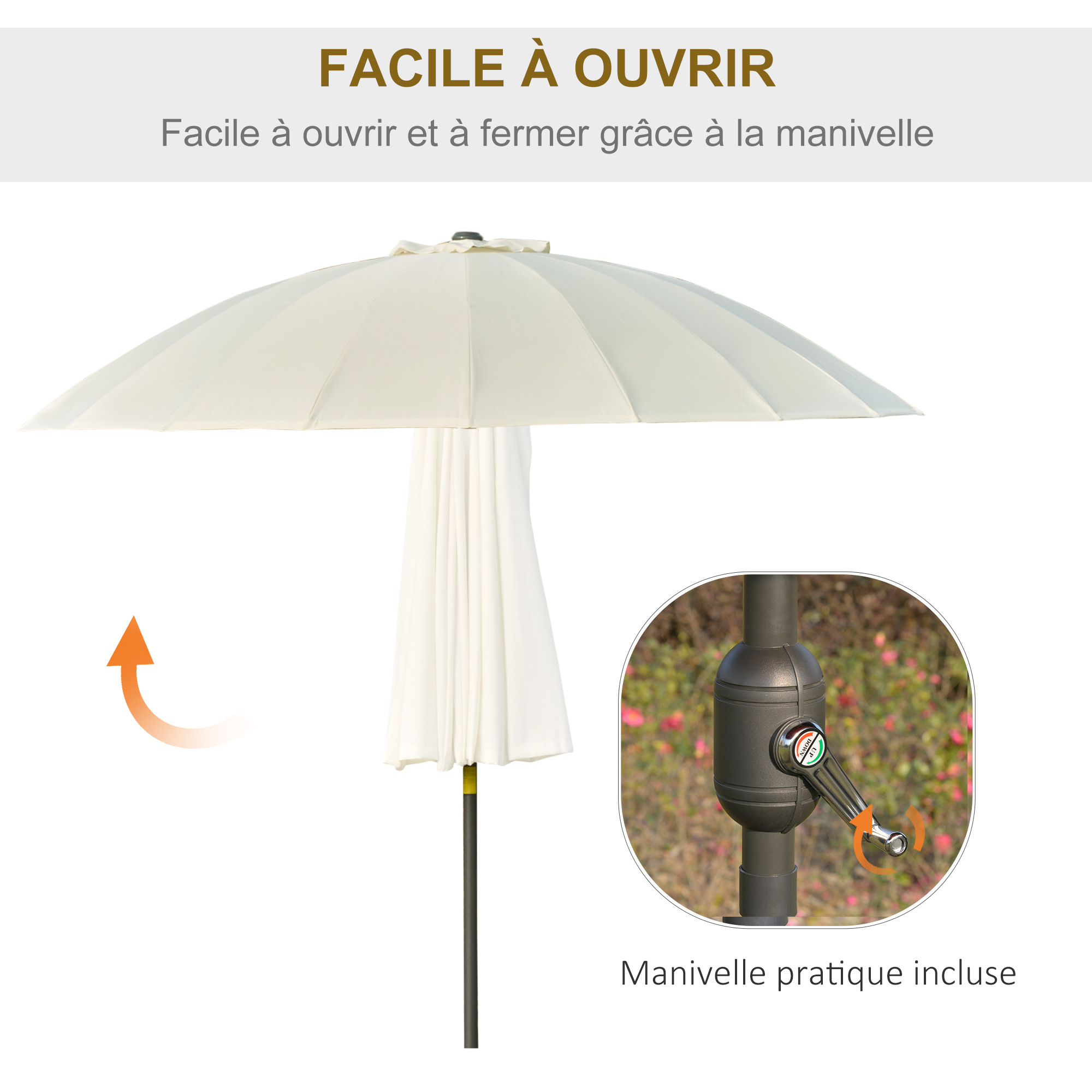 Parasol inclinable rond avec manivelle métal polyester haute densité