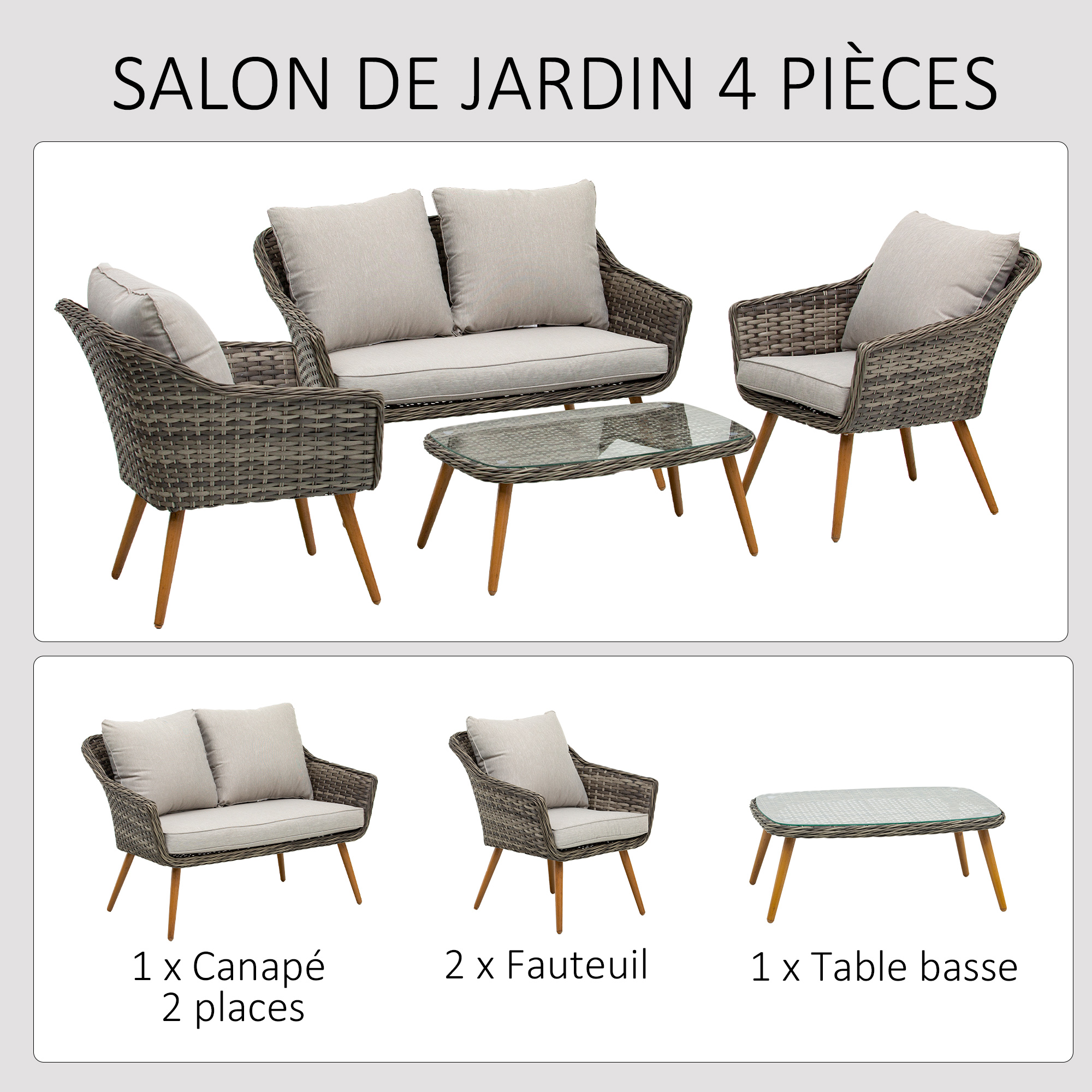 Salon de jardin 4 places 4 pièces design scandinave résine grise