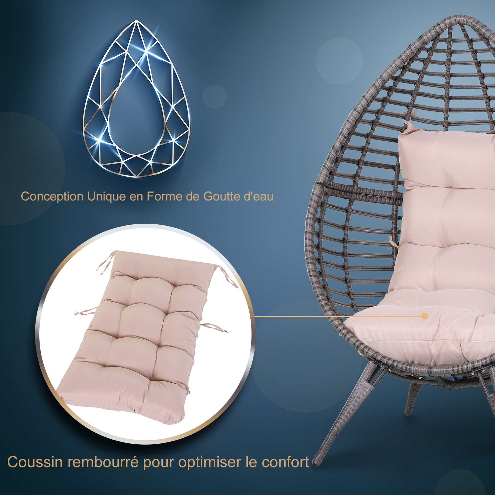 Fauteuil cocon œuf sur pied design coussin inclus acier époxy résine