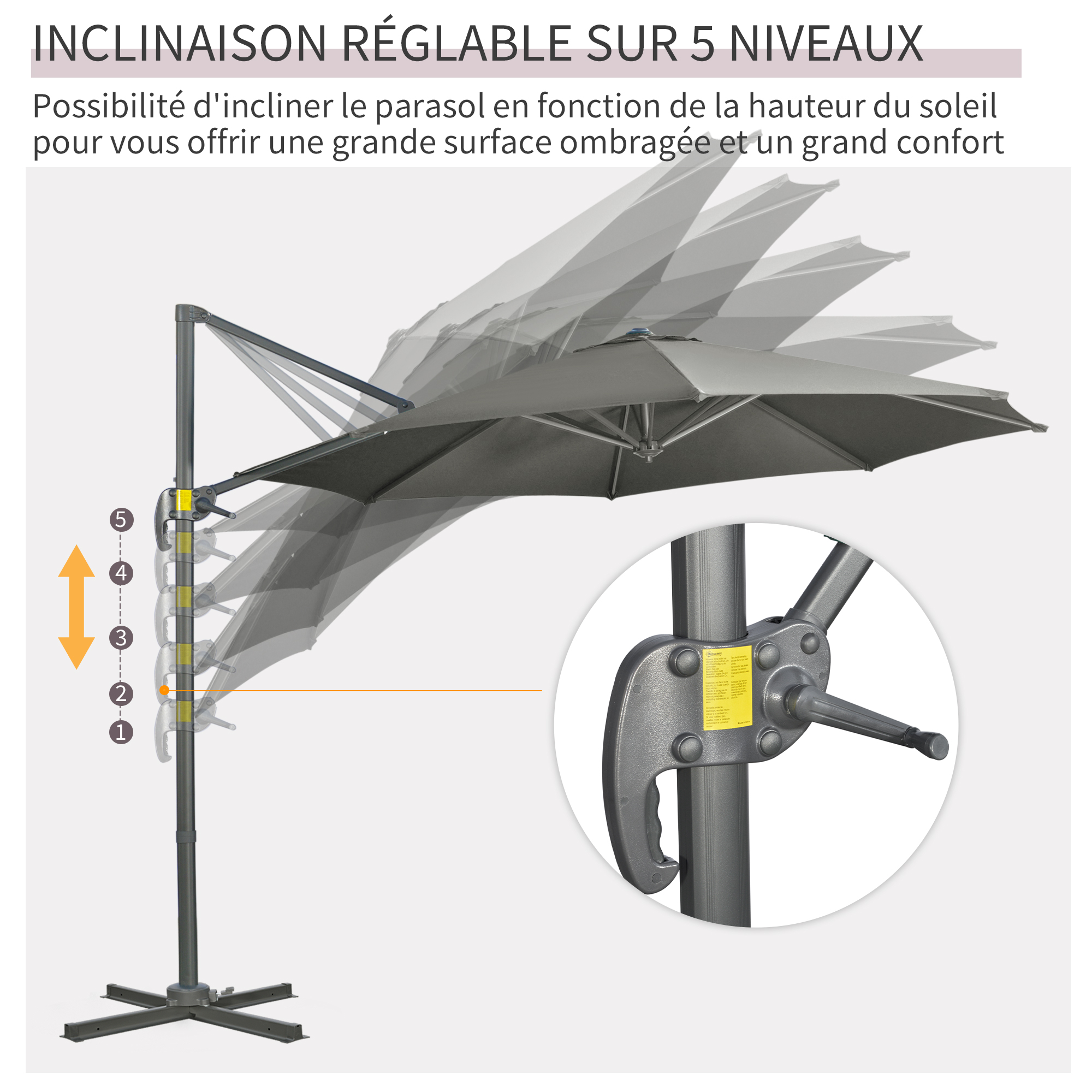 Parasol déporté octogonal inclinable Ø 2,94 x 2,48H m