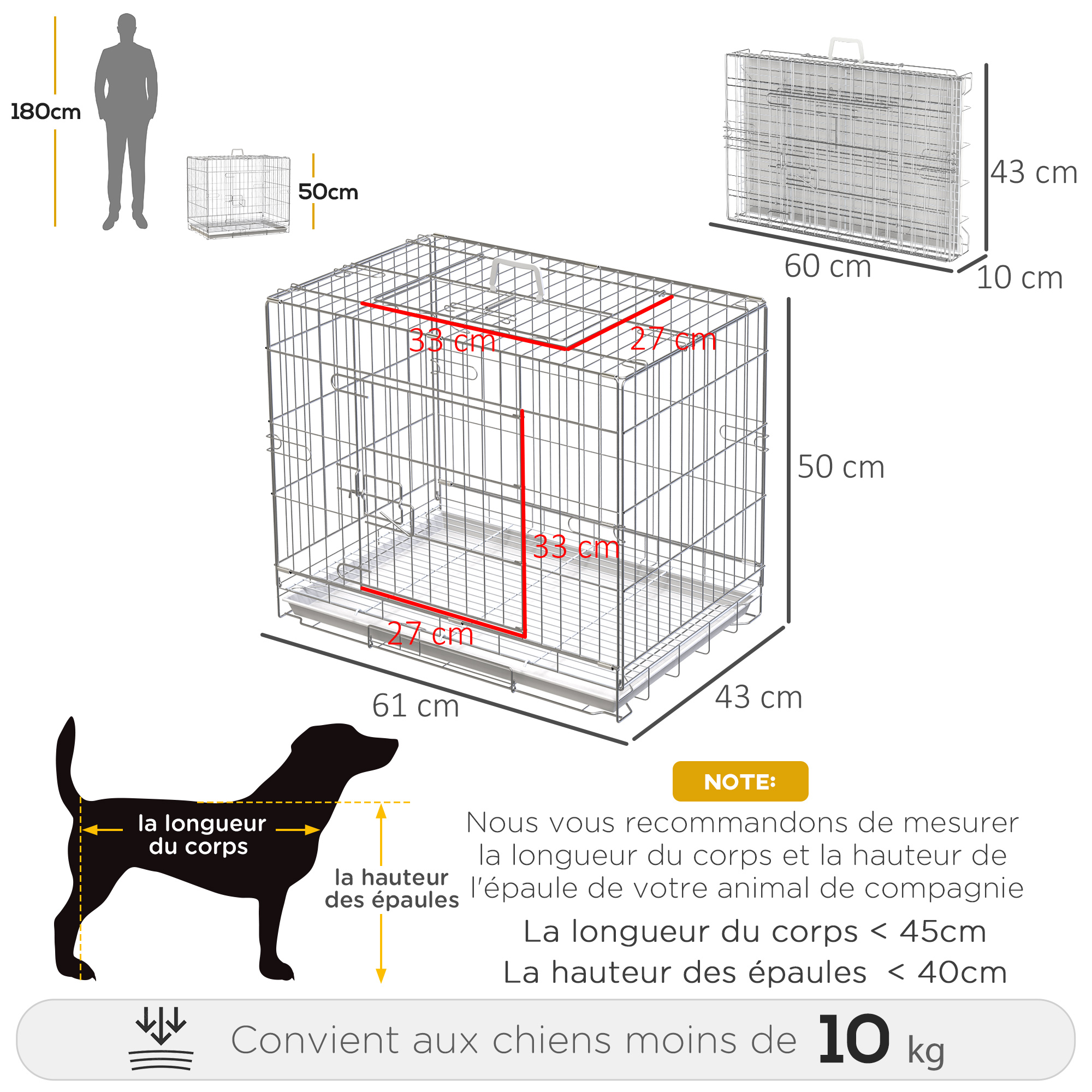 Cage pour chien pliable plateau amovible 2 portes verrouillables