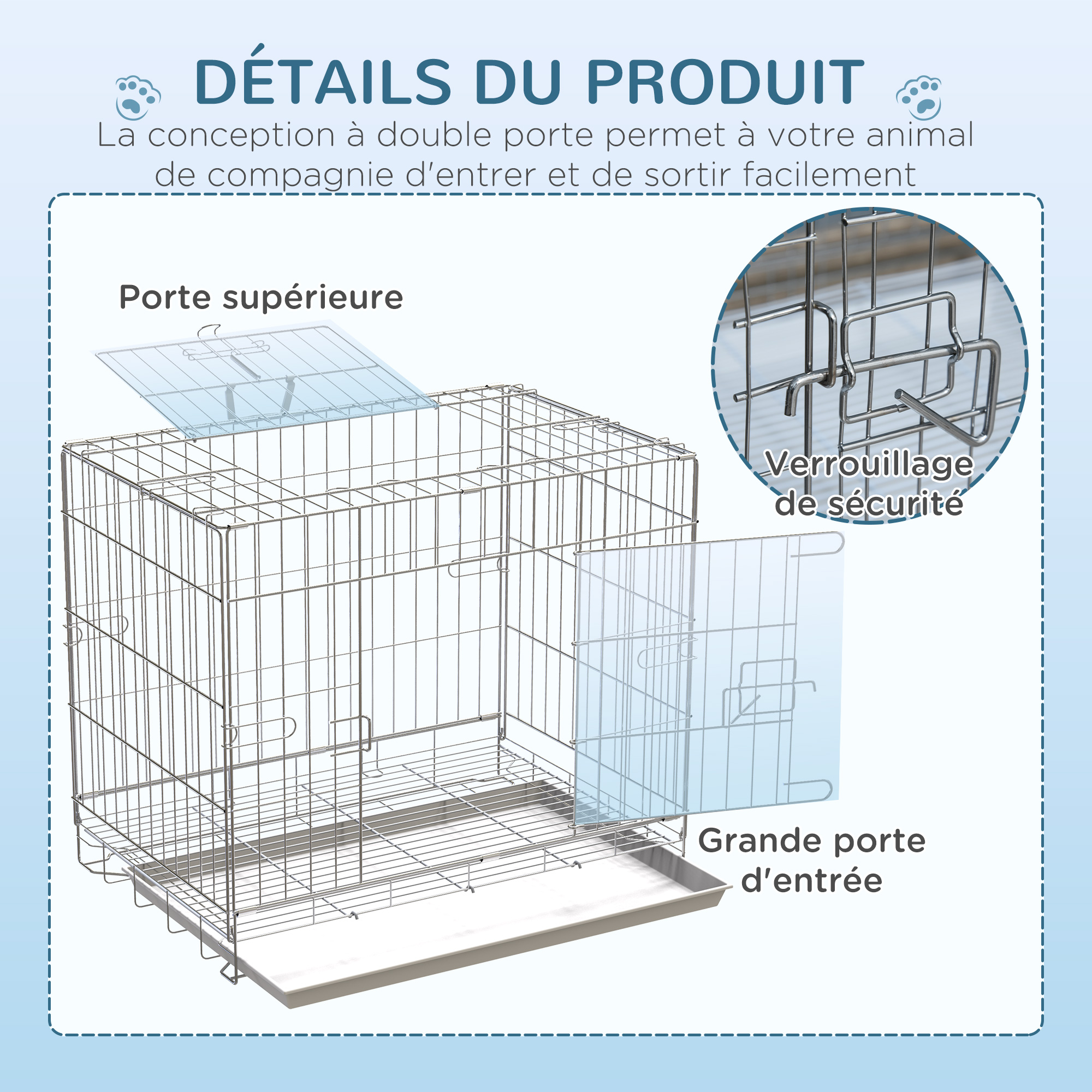 Cage pour chien pliable plateau amovible 2 portes verrouillables