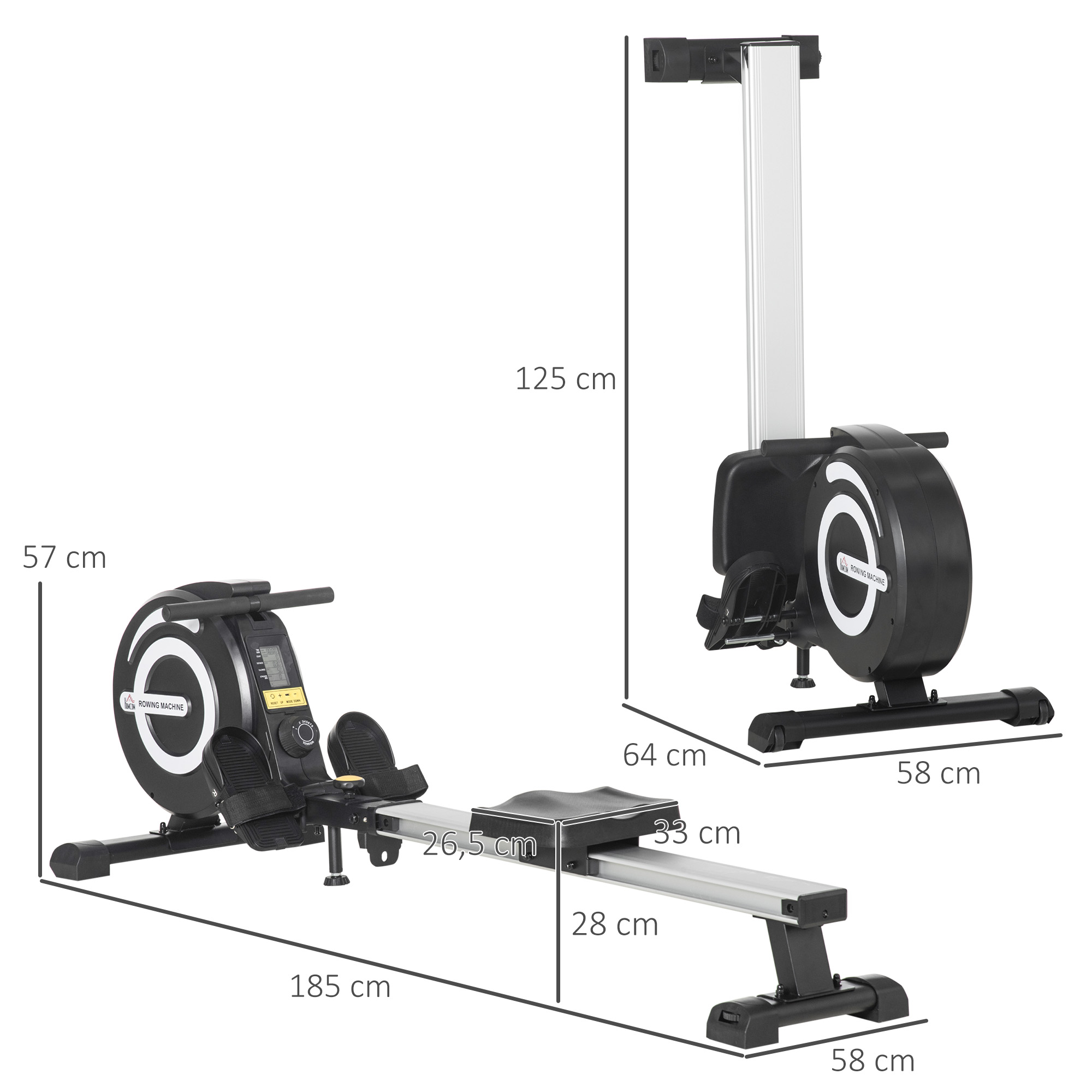 Rameur d'appartement pliable - écran LCD multifonction - acier alu. ABS noir blanc