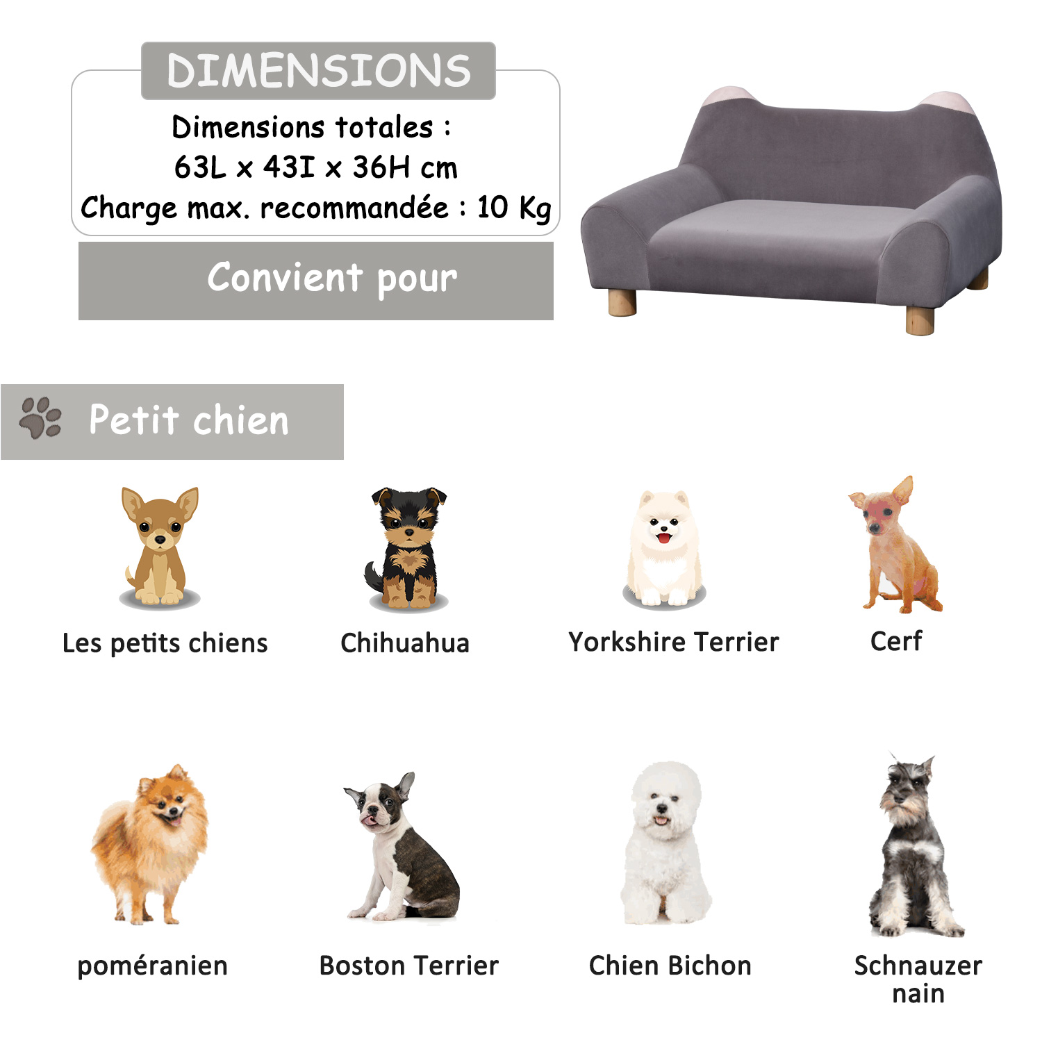 Lit canapé chien chat design dossier oreilles velours gris