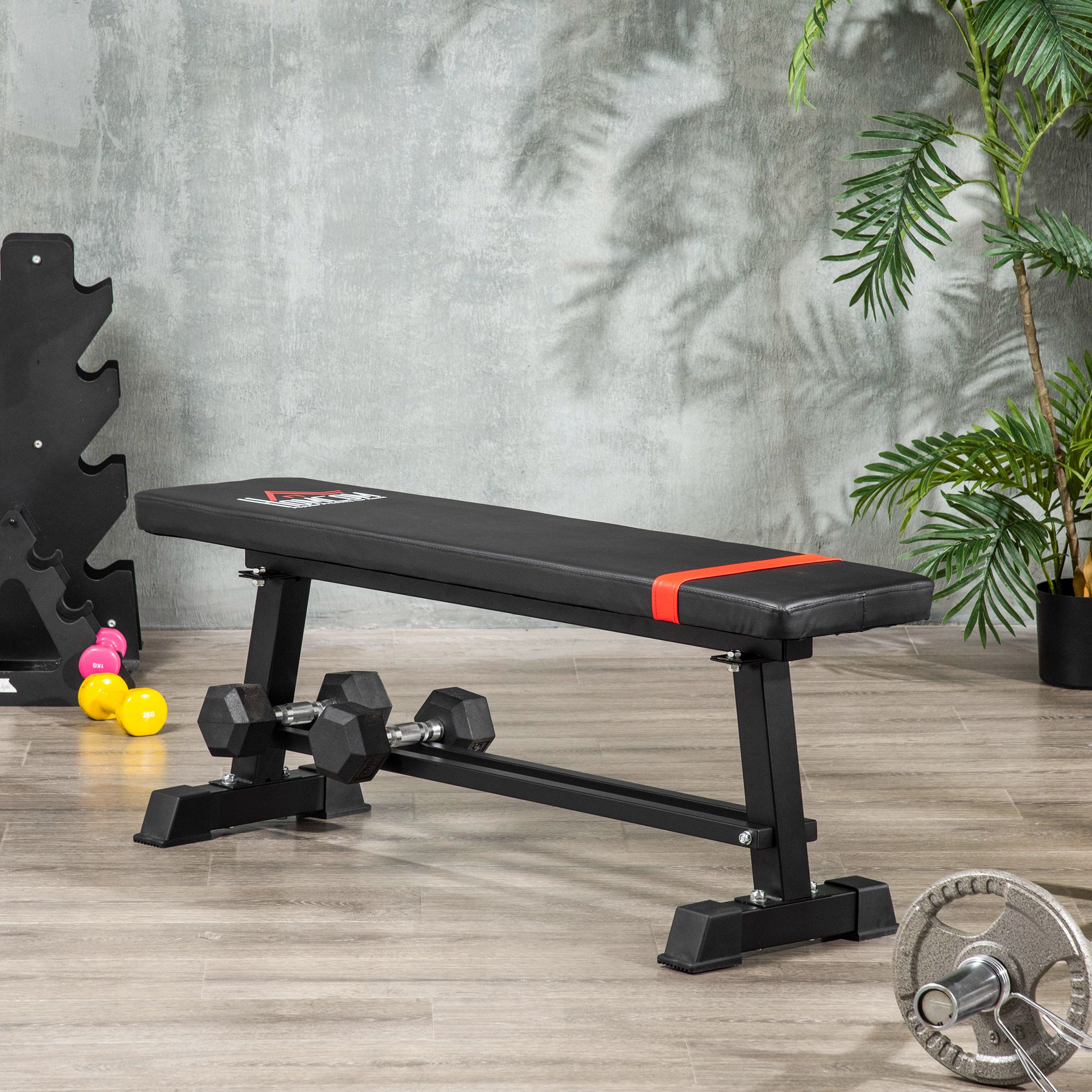 Banc de musculation à plat - rack haltères intégré - noir rouge