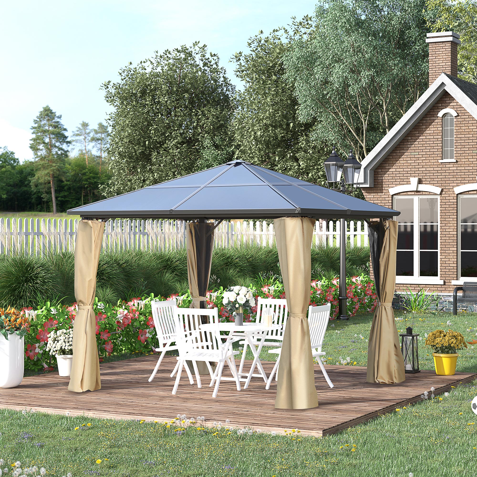 Pavillon de jardin tonnelle rigide dim. 2,94L x 2,94l x 2,67H m alu polycarbonate beige