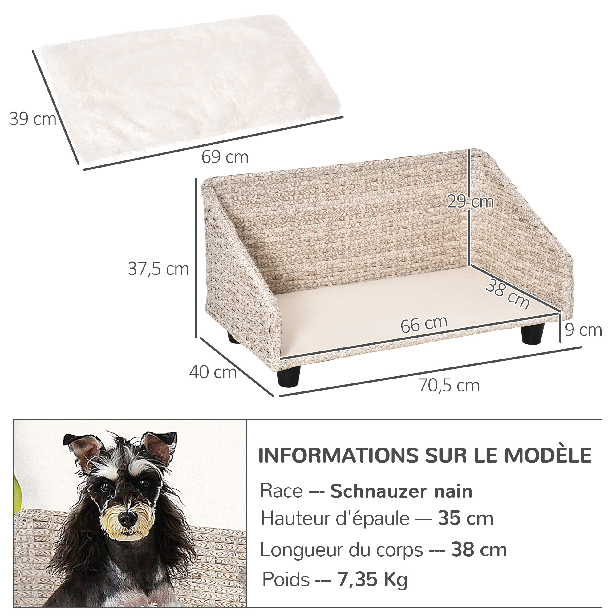 Canapé chien chat style cosy chic beige avec coussin fourrure blanc