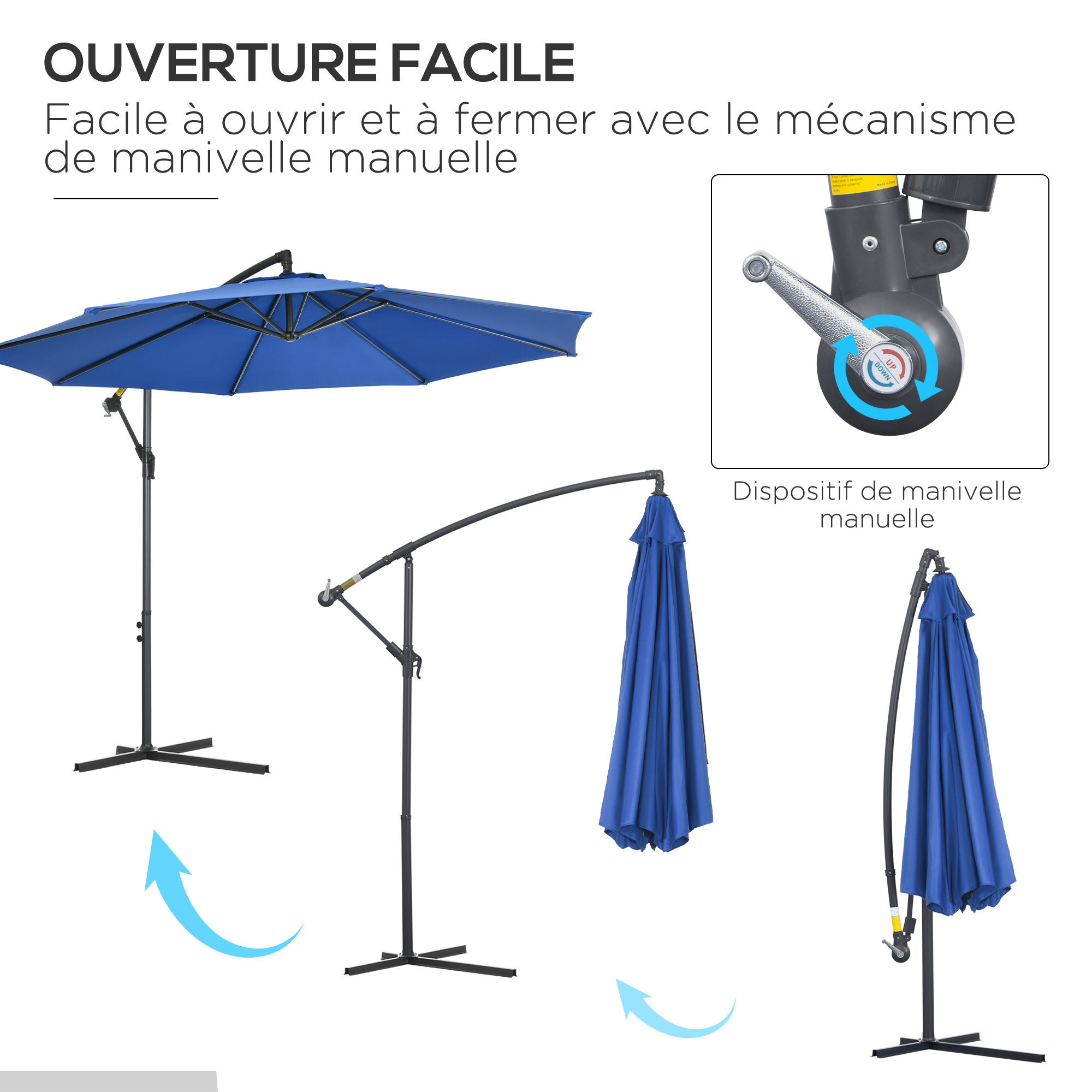 Parasol déporté octogonal diamètre 2,97 m bleu