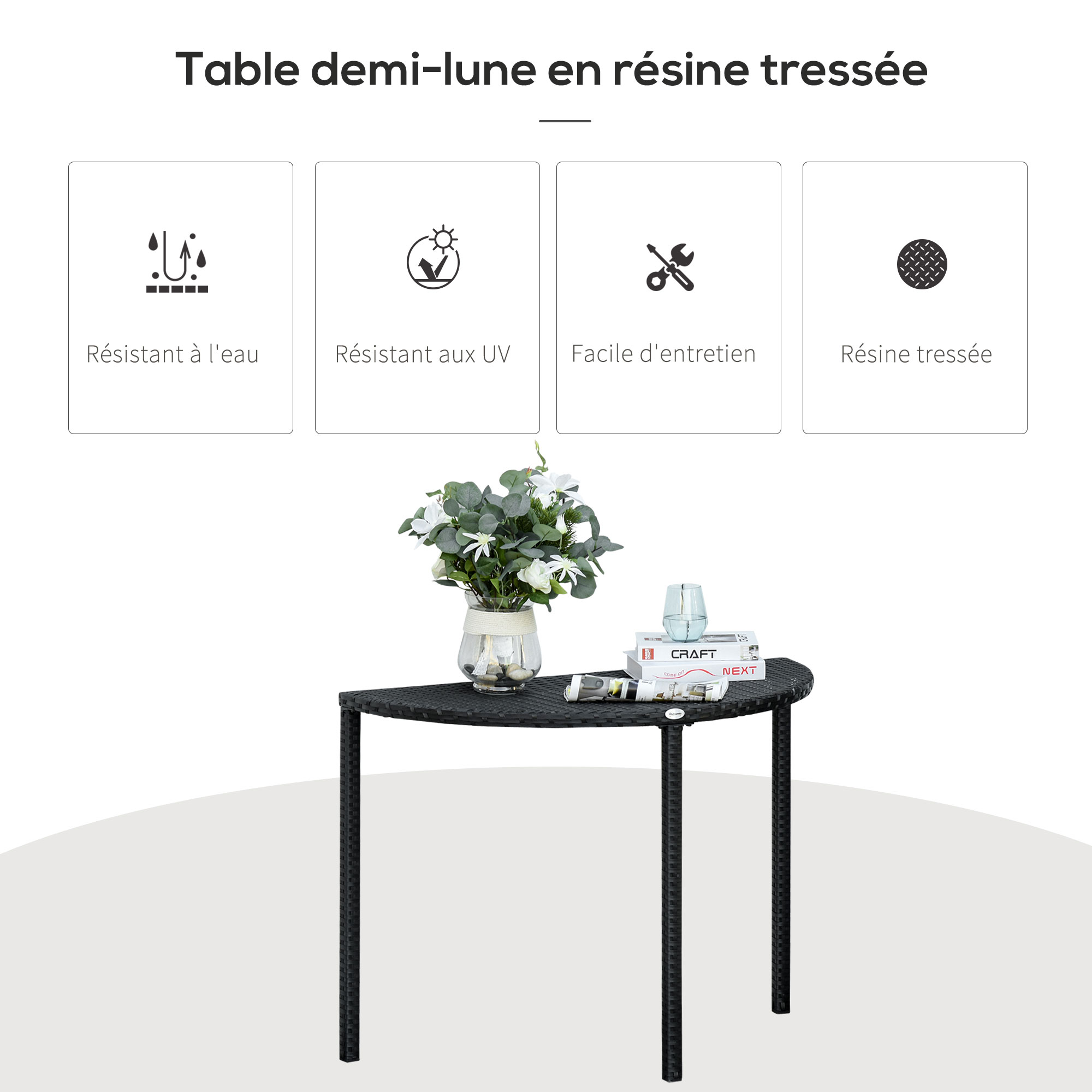 Table de balcon jardin demi-lune résine tressée 4 fils imitation rotin noir